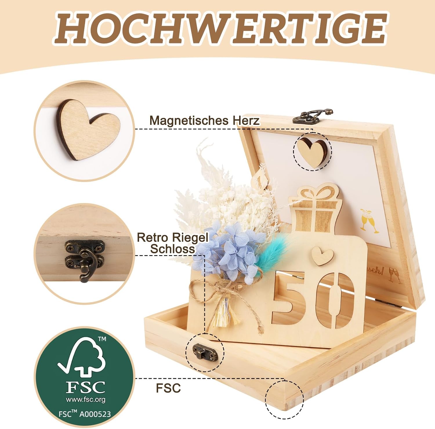 Thumbnail 4 de TUZELIYA 40. Geburtstag Frauen Geldgeschenk aus Holz mit Karte, Trockenblumen und Magnetverschluss