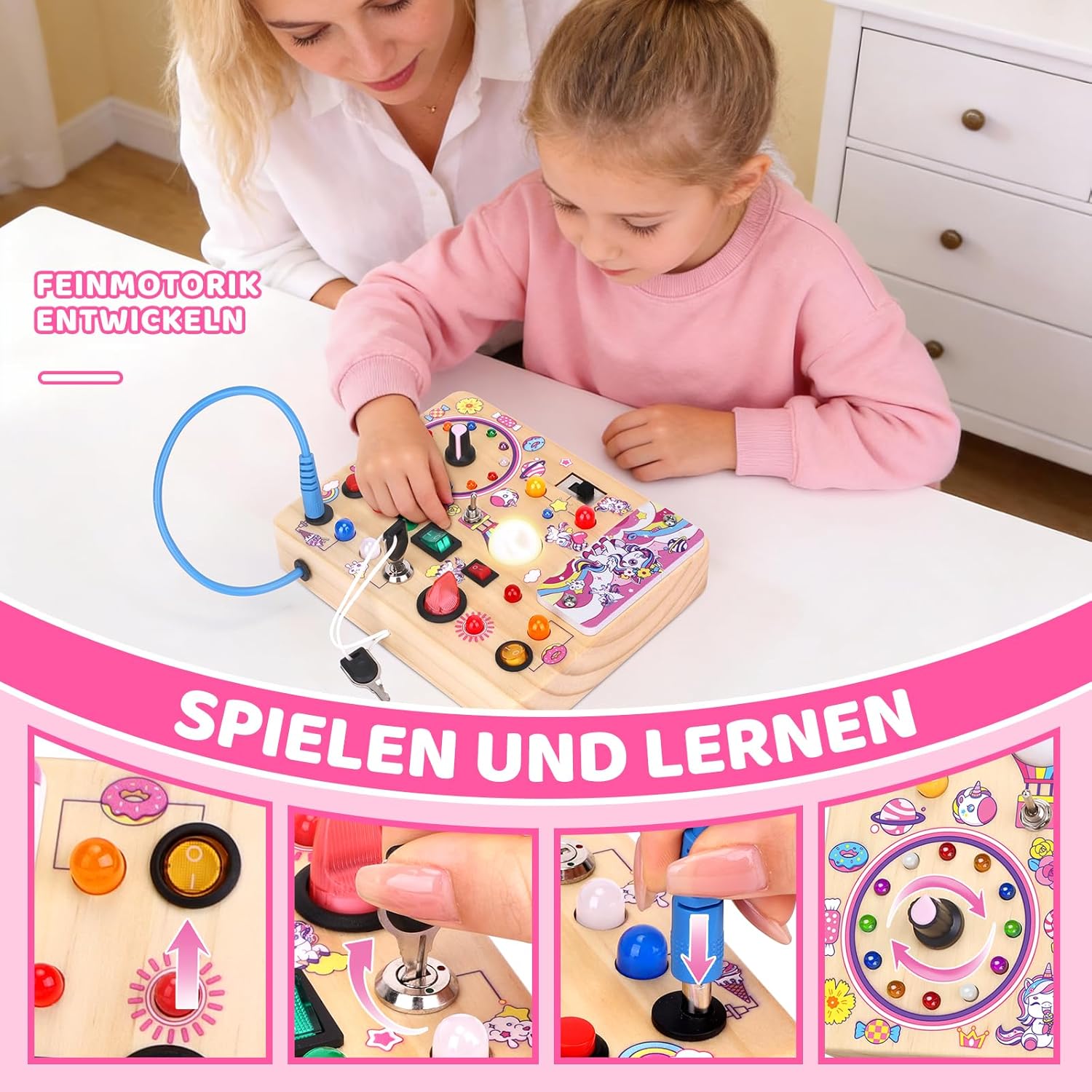 Detalle de Konijiwa Einhorn Montessori Busy Board – Holzspielzeug mit 10 Schaltern und 23 LEDs, ab 1 Jahr