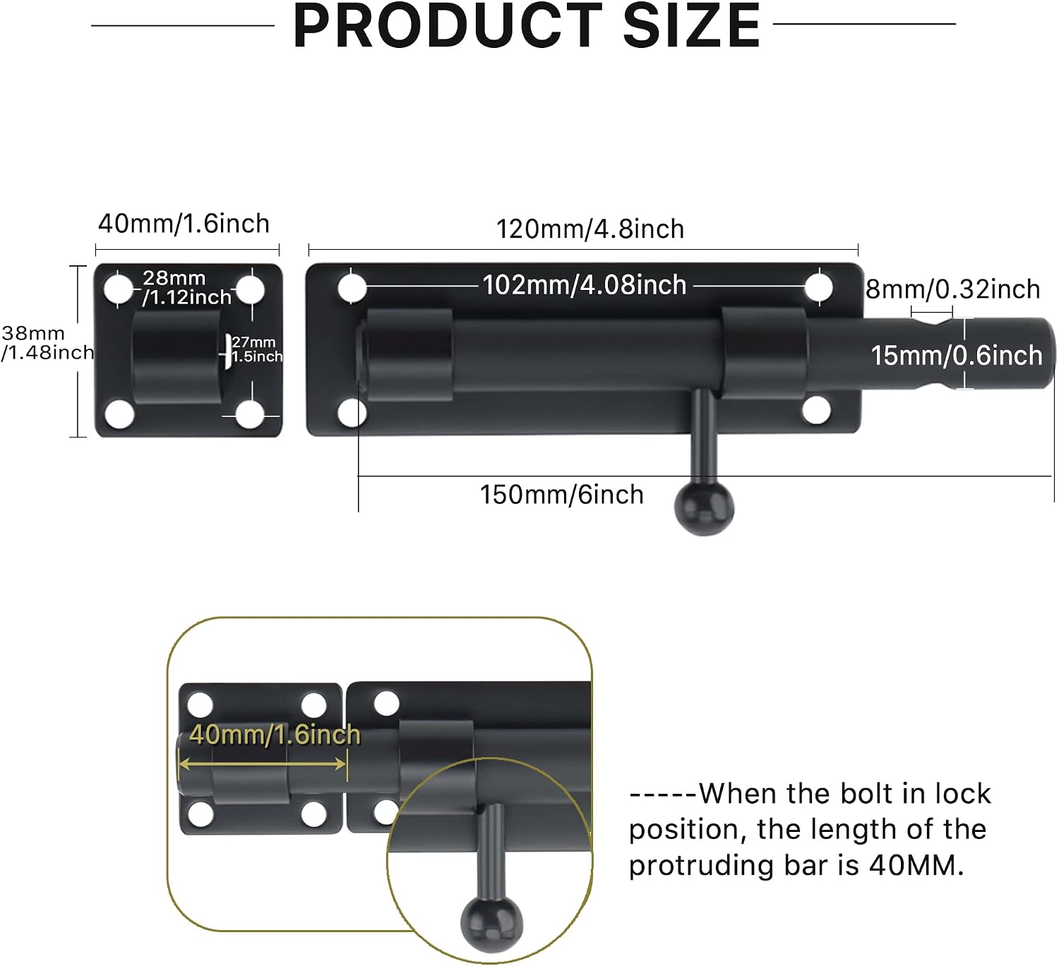 Thumbnail 5 de Sayayo EMS8000-B Slide Gate Latch Bolt — 150mm, 16mm Ø Bar, SUS304 Stainless Steel, Matte Black