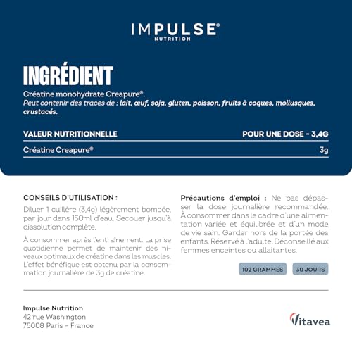 Thumbnail 6 de Impulse Nutrition – Créatine Creapure® Monohydrate 3g, Cure 30 jours