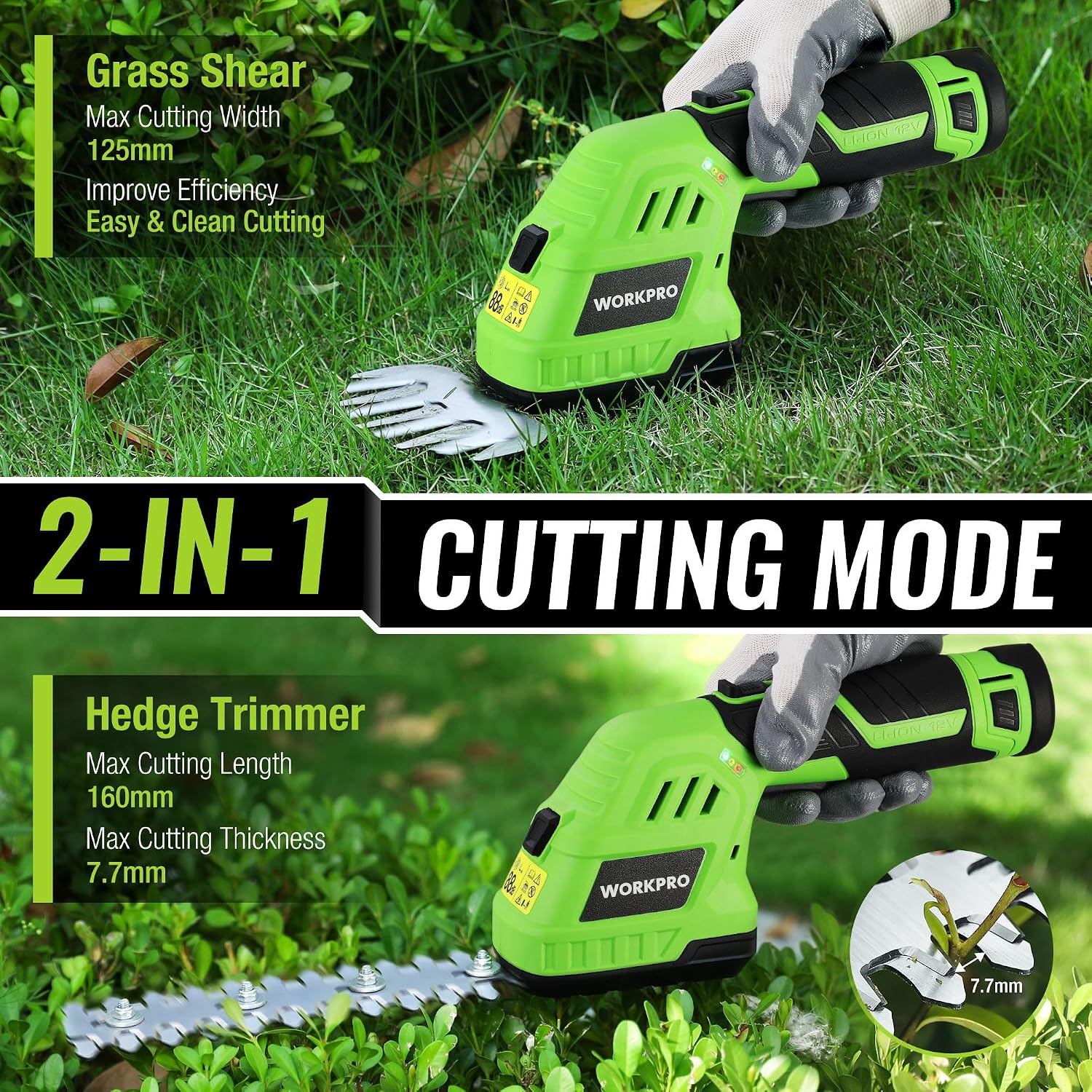 Detalle de WORKPRO 2-in-1 Cordless Hedge Trimmer and Grass Shear (12 V) with 2 Interchangeable Blades