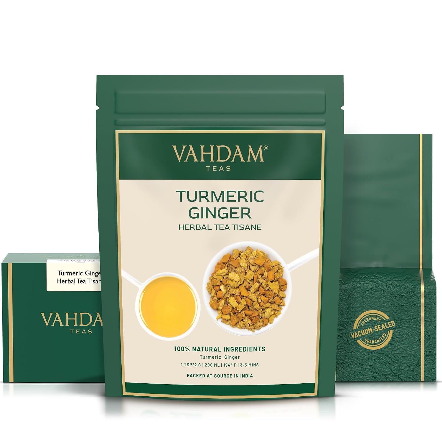 Detalle de VAHDAM Kurkuma Ingwer Kräutertee Tisane (100 g) – lose Mischung ohne Koffein