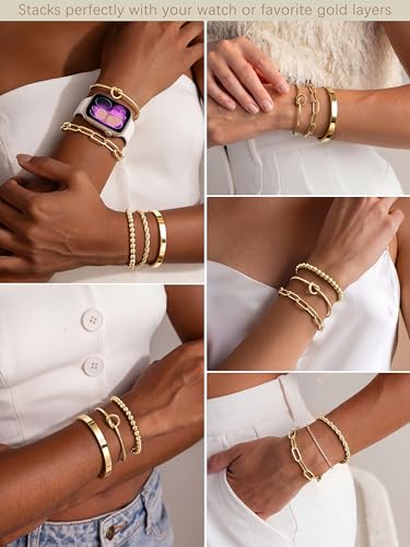 Detalle 2 de Gokeey Gold Cuff Bracelets for Women – 14K Gold Plated, Stackable Beaded & Infinity Rope Jewelry Set