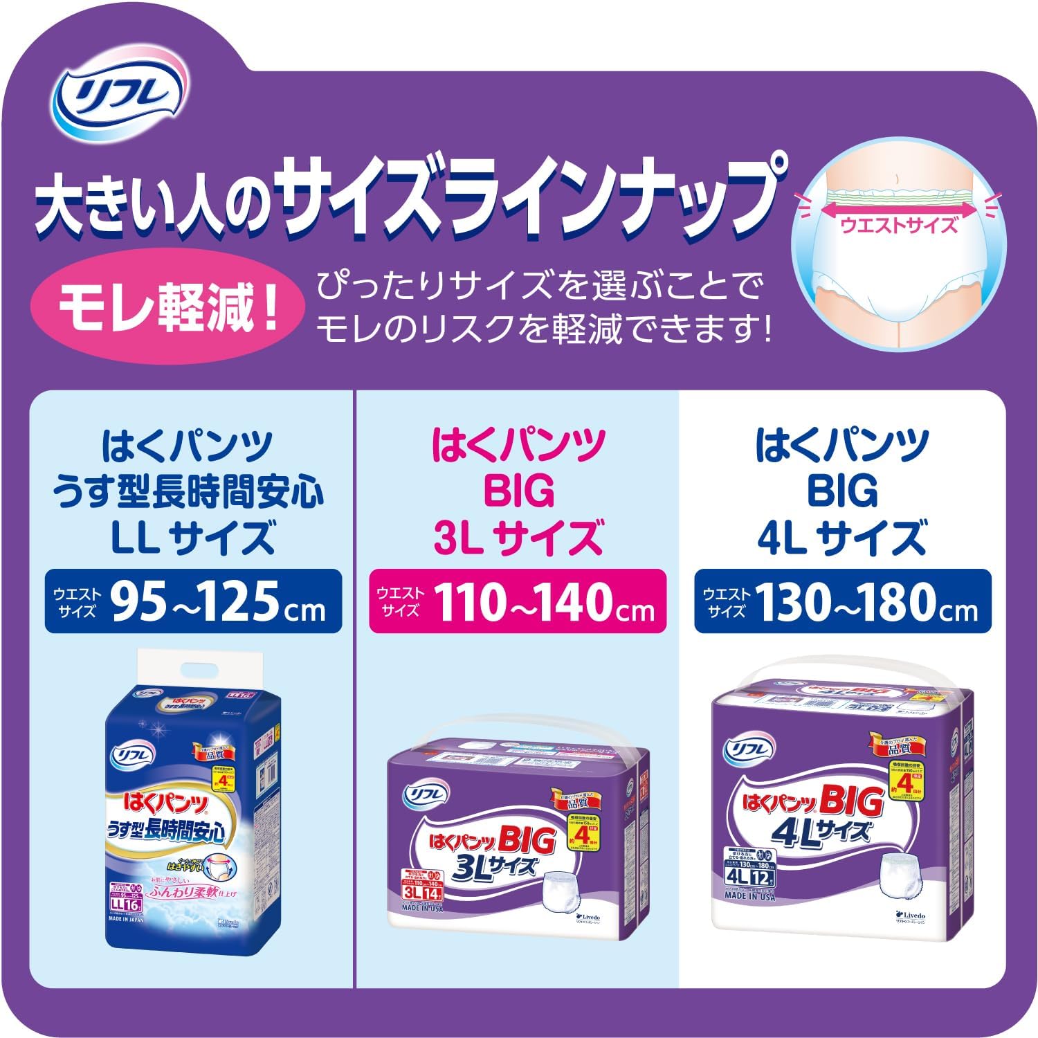 Thumbnail 6 de リフレ はくパンツ BIG4Lサイズ 12枚×4袋 大人用紙パンツ 介助で歩ける方向け