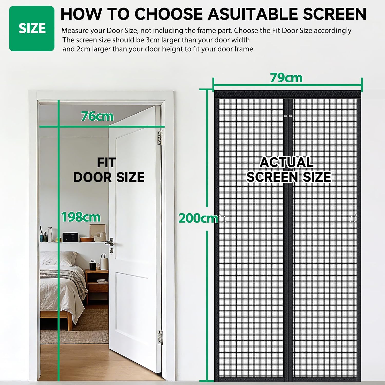 Detalle de Magnetic Fly Screen Door (90x200cm) with Full-Length Magnets, Fibreglass Mesh & No-Drill Fit – Black