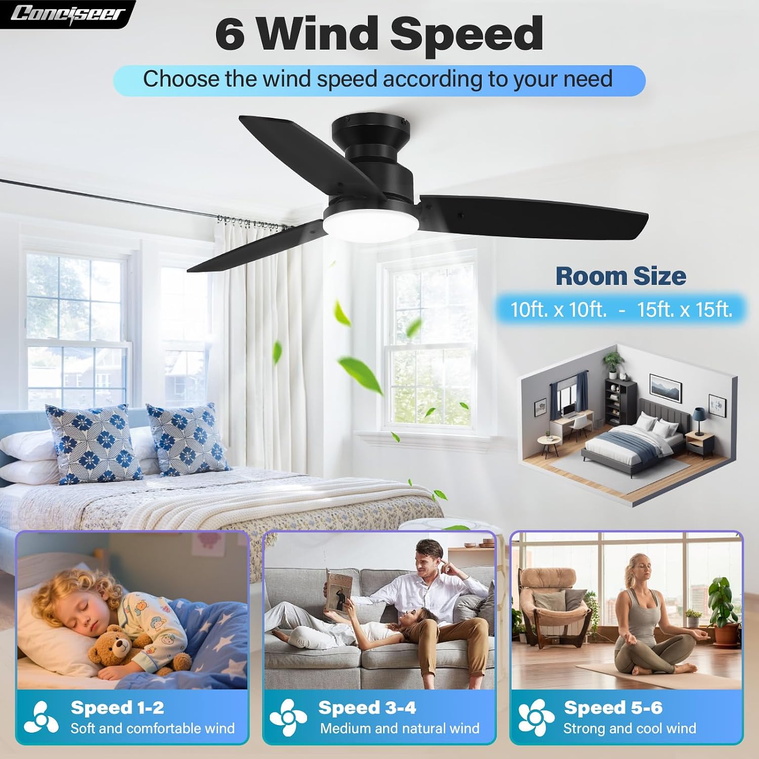Detalle de Conciseer CS4203-MBK-WD 42-Inch Ceiling Fan with Light, Remote & Reversible DC Motor