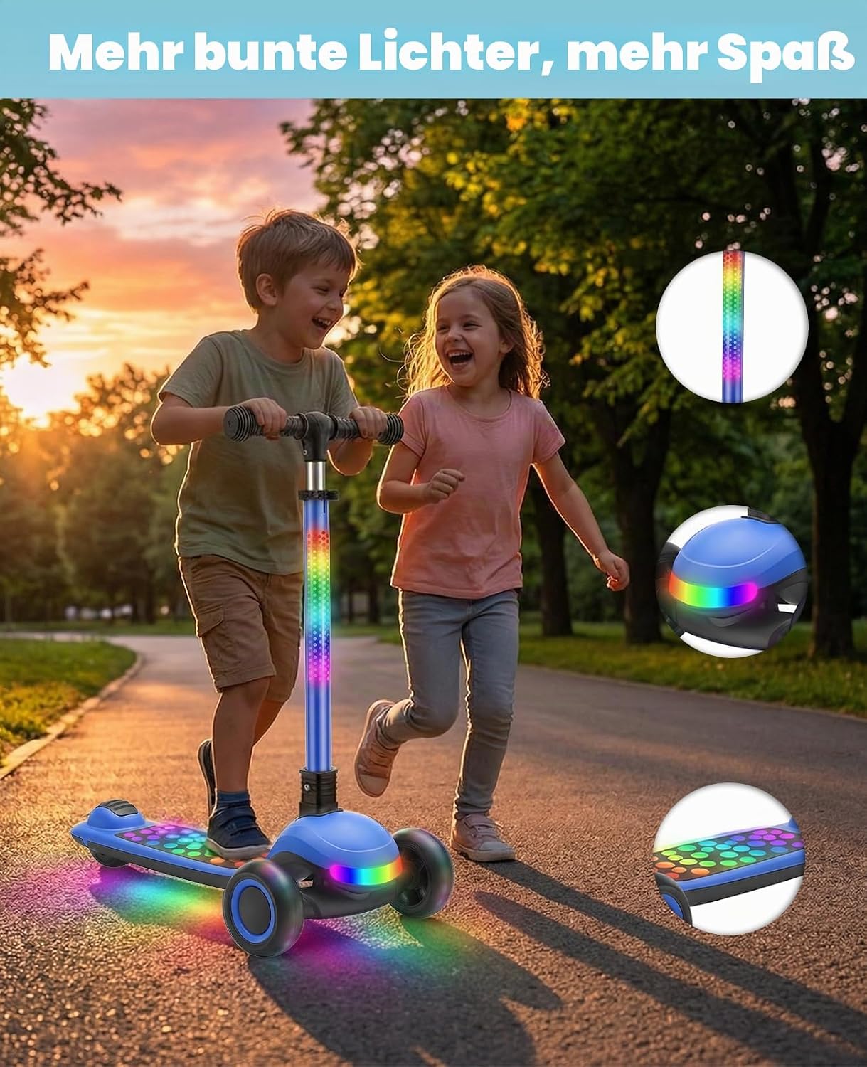 Detalle de UBRAVOO Roller Kinder 3–10 Jahre – klappbar, 4-Stufen-Lenkerhöhe, LED-Farbtouren, breites Deck, Hinterradbremse