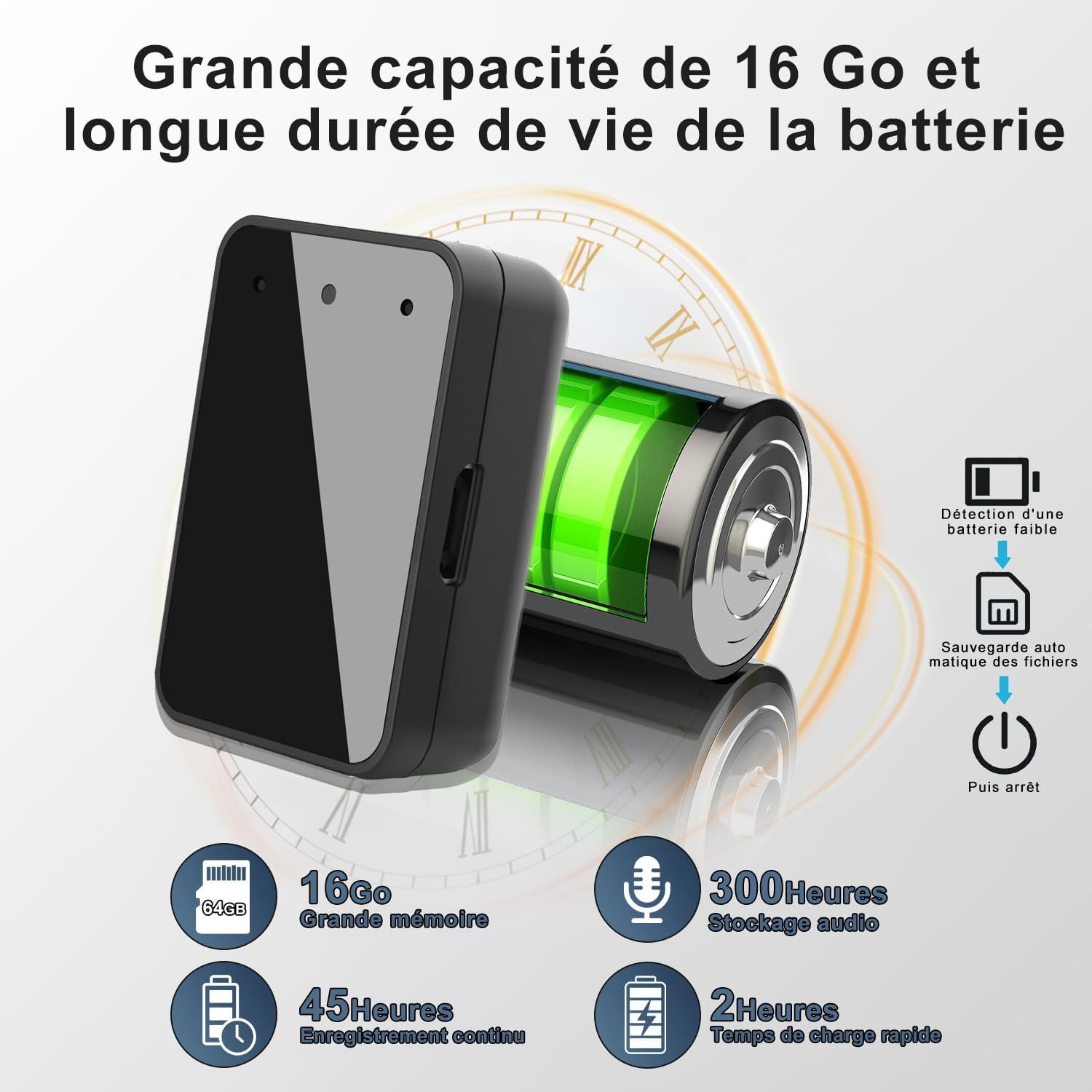 Detalle de Enregistreur Vocal Magnétique 16 Go – USB-C Rechargeable, réduction du bruit