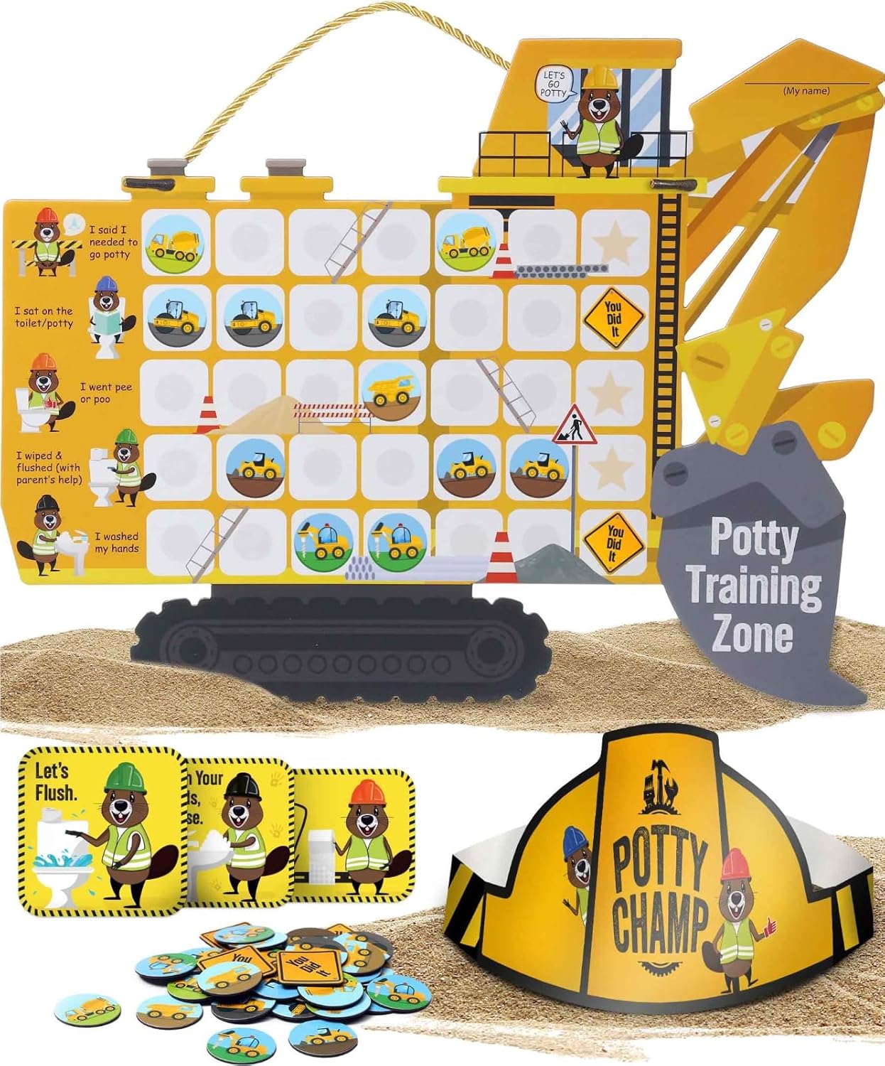 Potty Training Chart with 35 Stickers, 3 Reminder Stickers and Crown (Tractor) for Boys and Girls