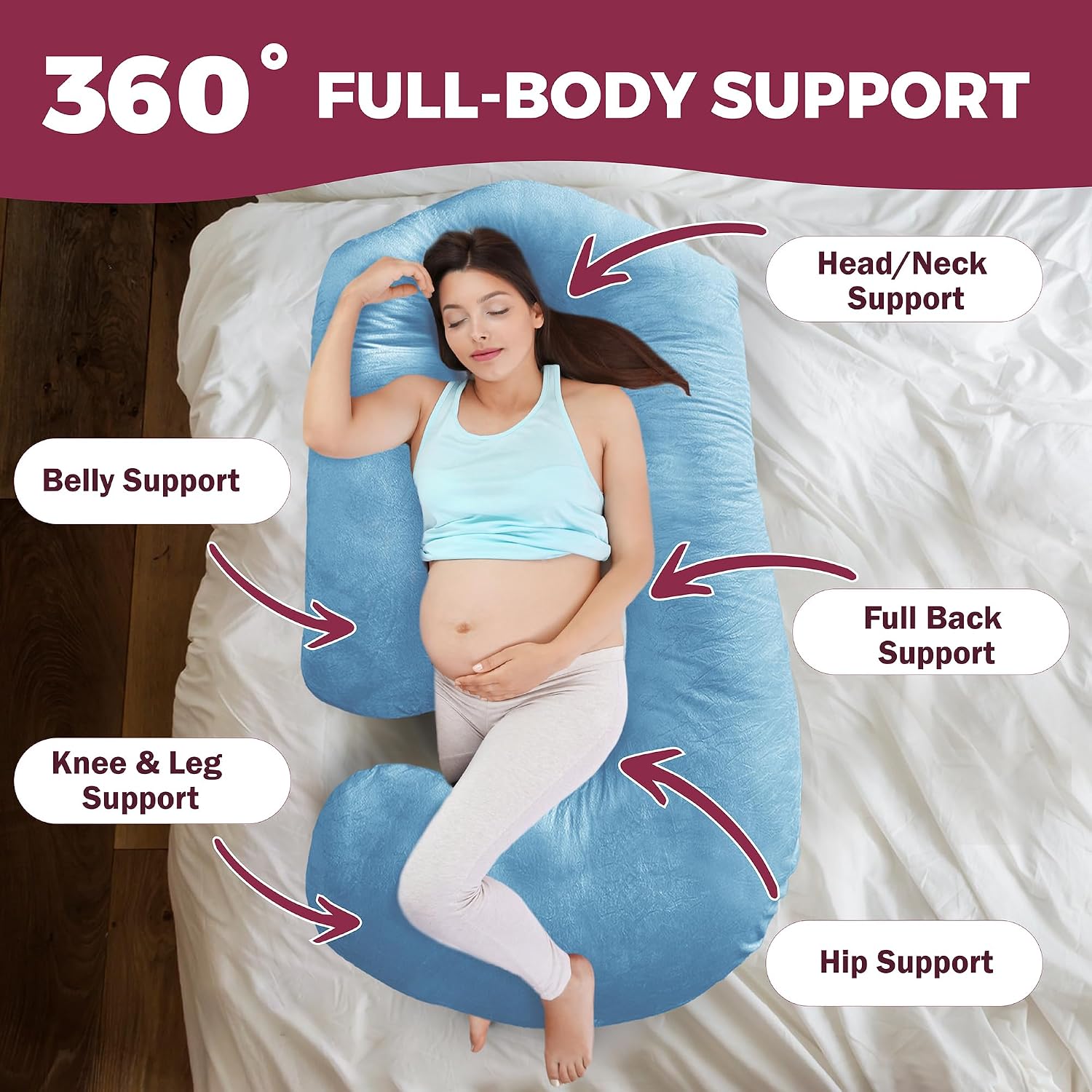 Detalle de PILLANI 57-Inch Pregnancy Pillow, U/V/C Full-Body Support with Washable Cover
