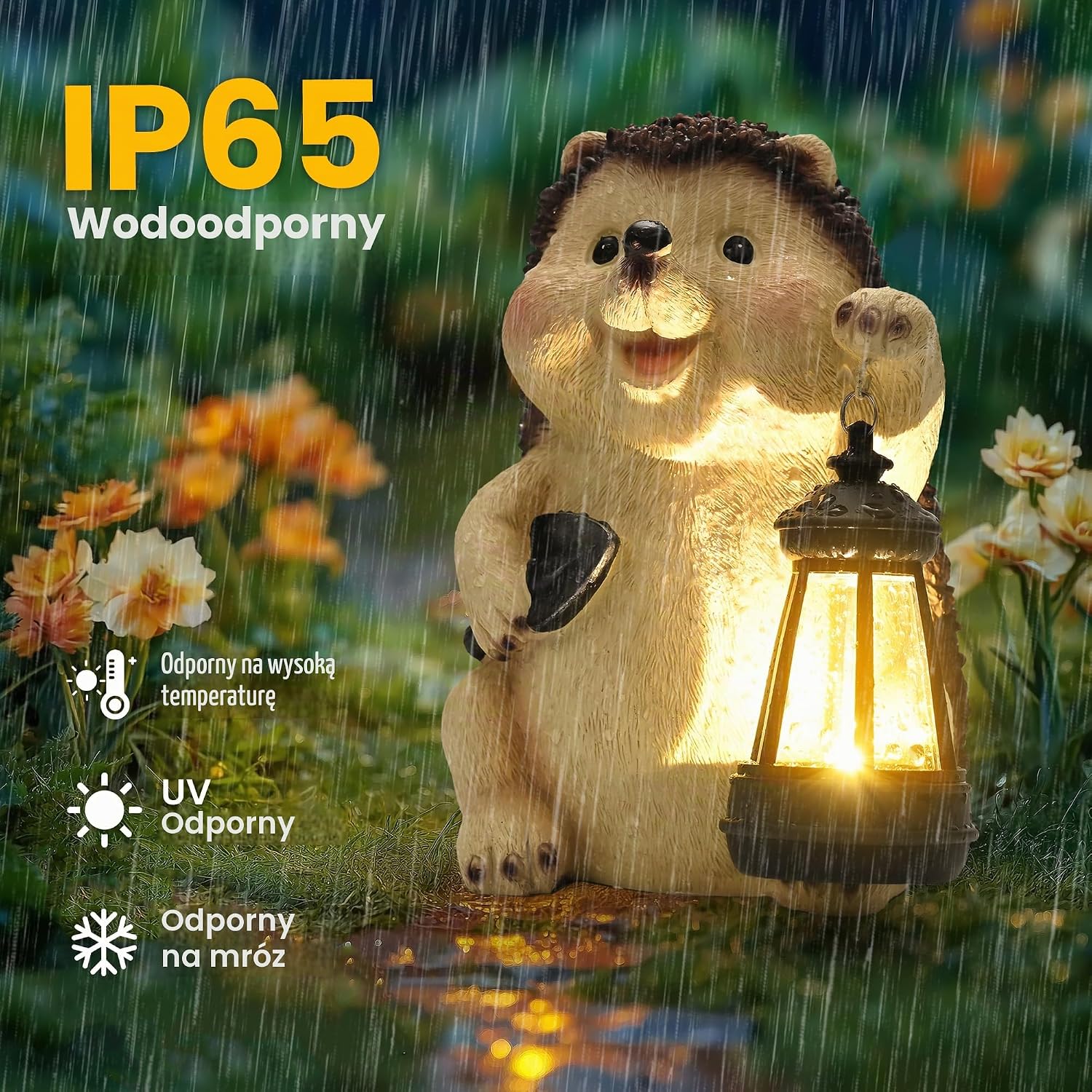 Detalle de GIGALUMI EU10479 – solarna figurka jeża z latarnią LED z żywicy