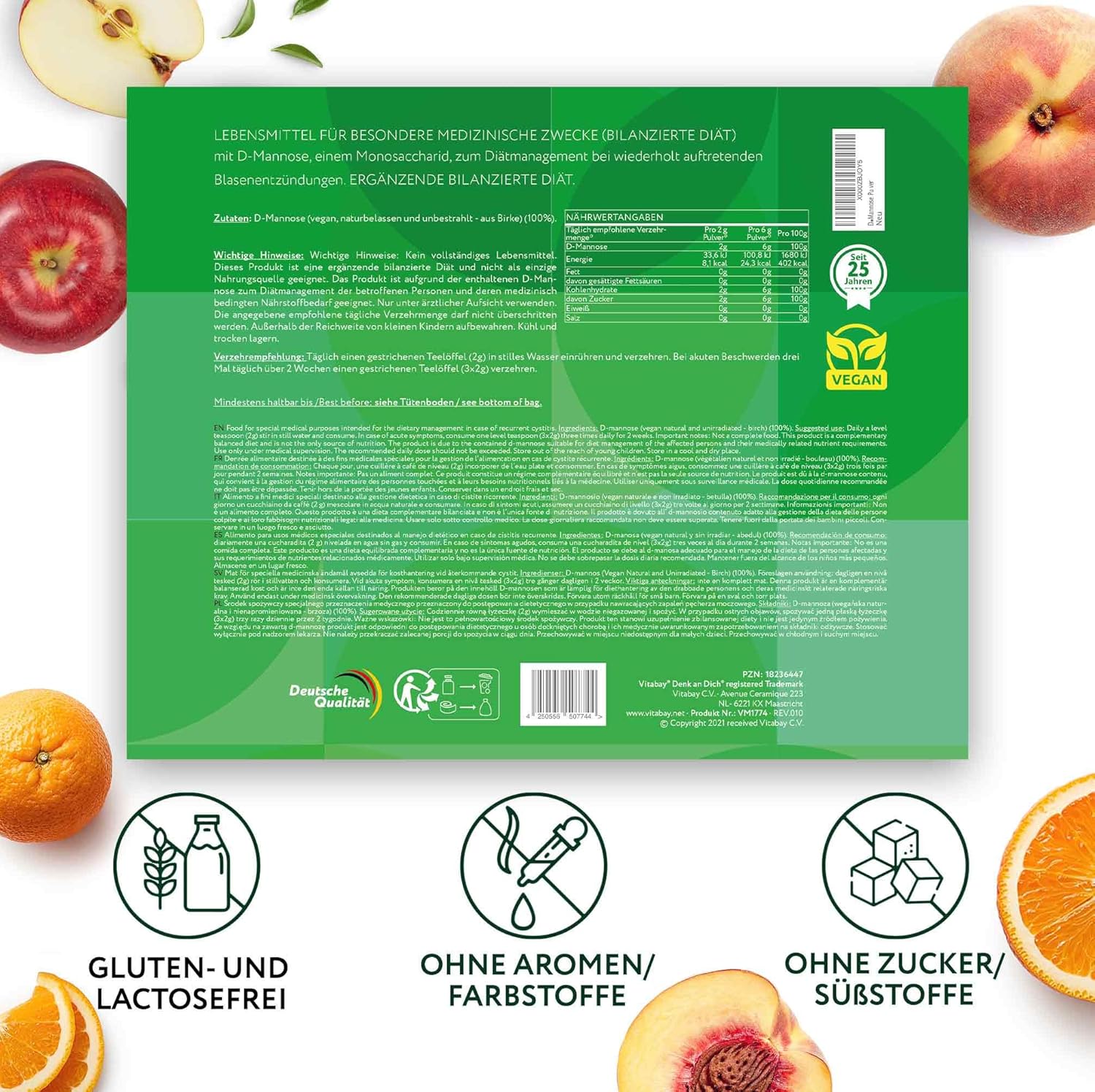 Detalle 2 de Vitabay D-Mannose Pulver aus Birke – 200 g vegan, laborgeprüft und frei von Zusatzstoffen