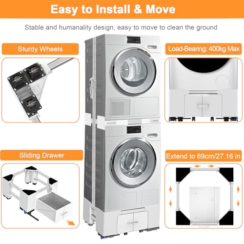 Thumbnail 2 de NIUXX Soporte universal para lavadora con cajón y ruedas, antivibración ajustable 42-69 cm y freno (hasta 400 kg)