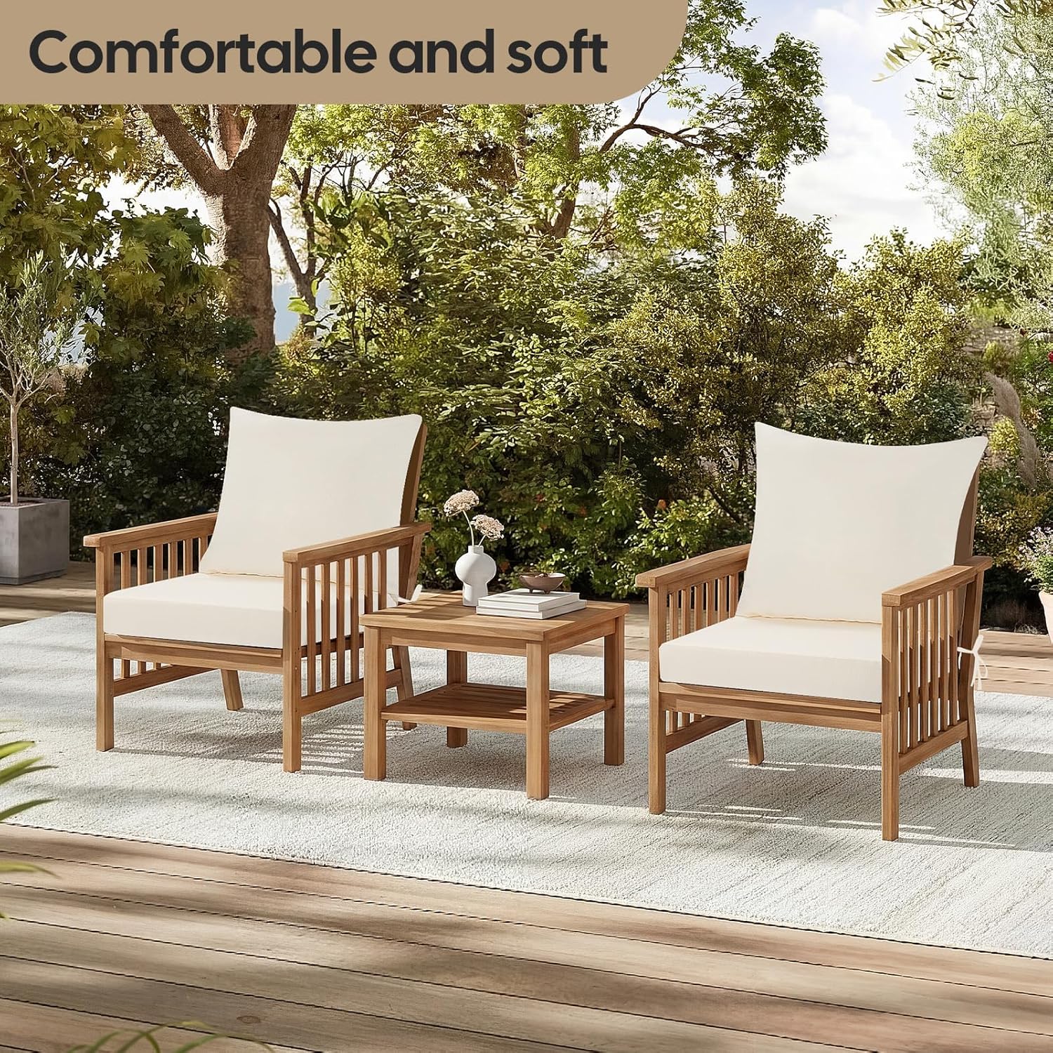 Thumbnail 5 de PRIMEPATIO 40 x 40cm Outdoor Garden Chair Cushion with Backrest, 7cm Waterproof Seat Pad (Beige)