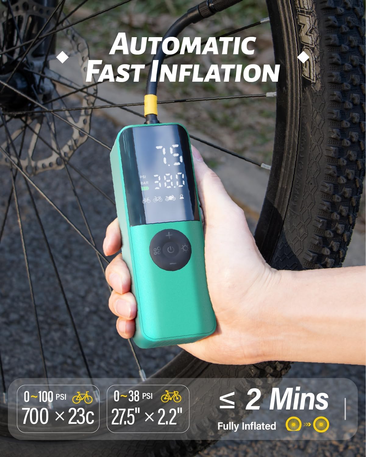 Thumbnail 1 de GPUTEK Electric Bike Pump with Digital Gauge — 150 PSI, Portable, All-Valve Compatibility