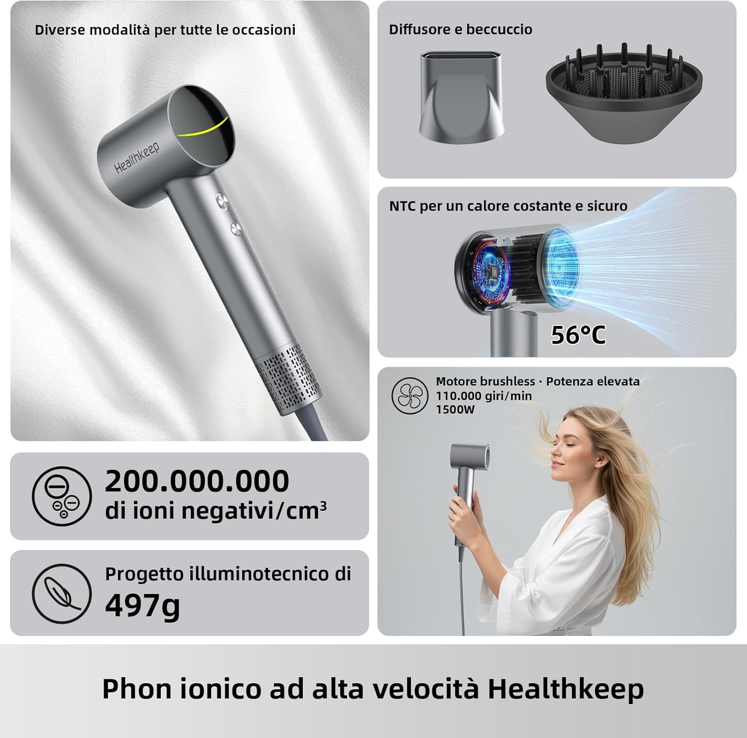 Thumbnail 6 de Phon Capelli Professionale – Asciugatura Rapida, Anti-Crespo, 1500 W con Motore Brushless e Diffusore Incluso