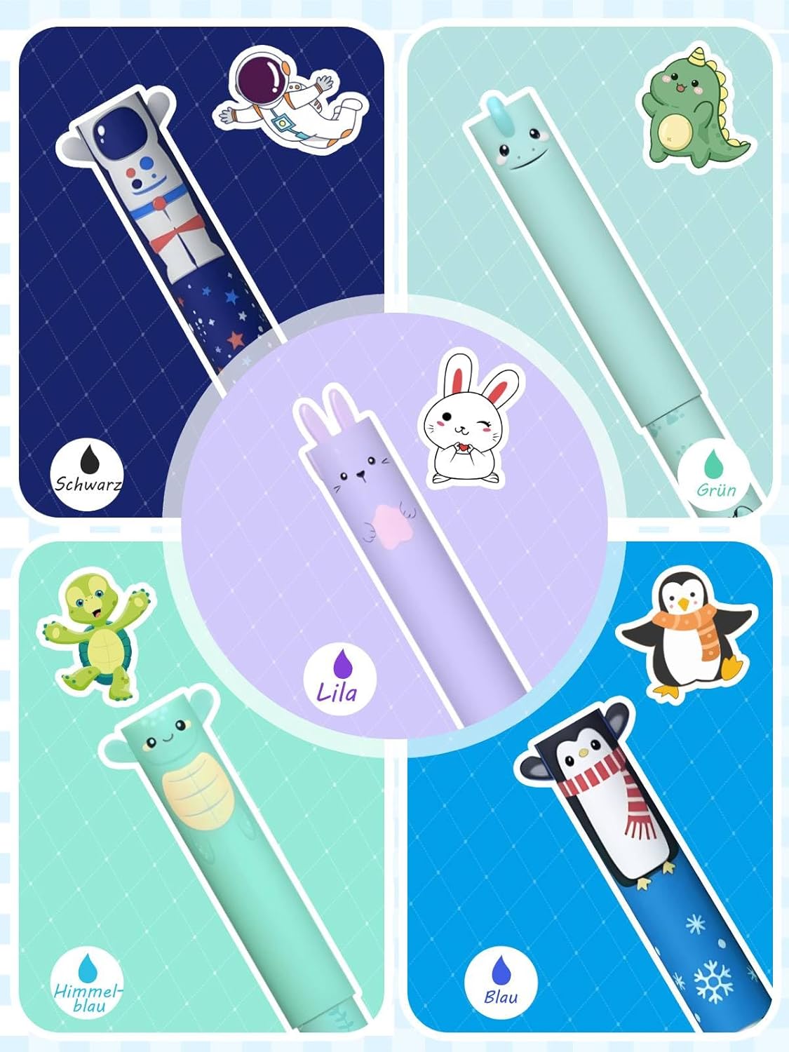 Thumbnail 1 de GutSache : lot de 5 stylos gel effaçables à encre sensible à la chaleur (pointe 0,7 mm) motifs pingouin, lapin, dinosaure, tortue & astronaute