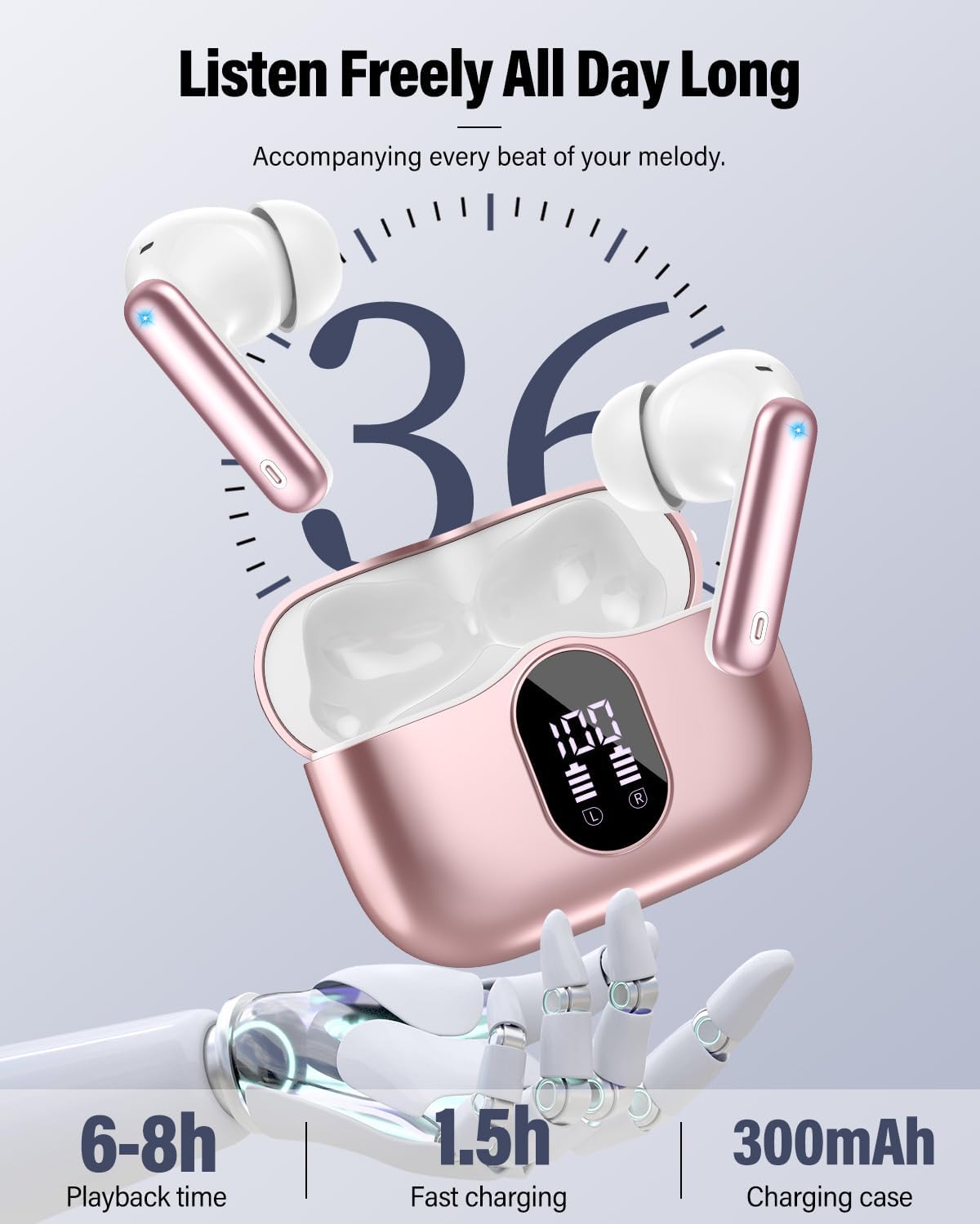 Detalle 1 de Btootos A-A90 Pro Wireless Earbuds, Bluetooth 5.4, Rose Gold, LED Display