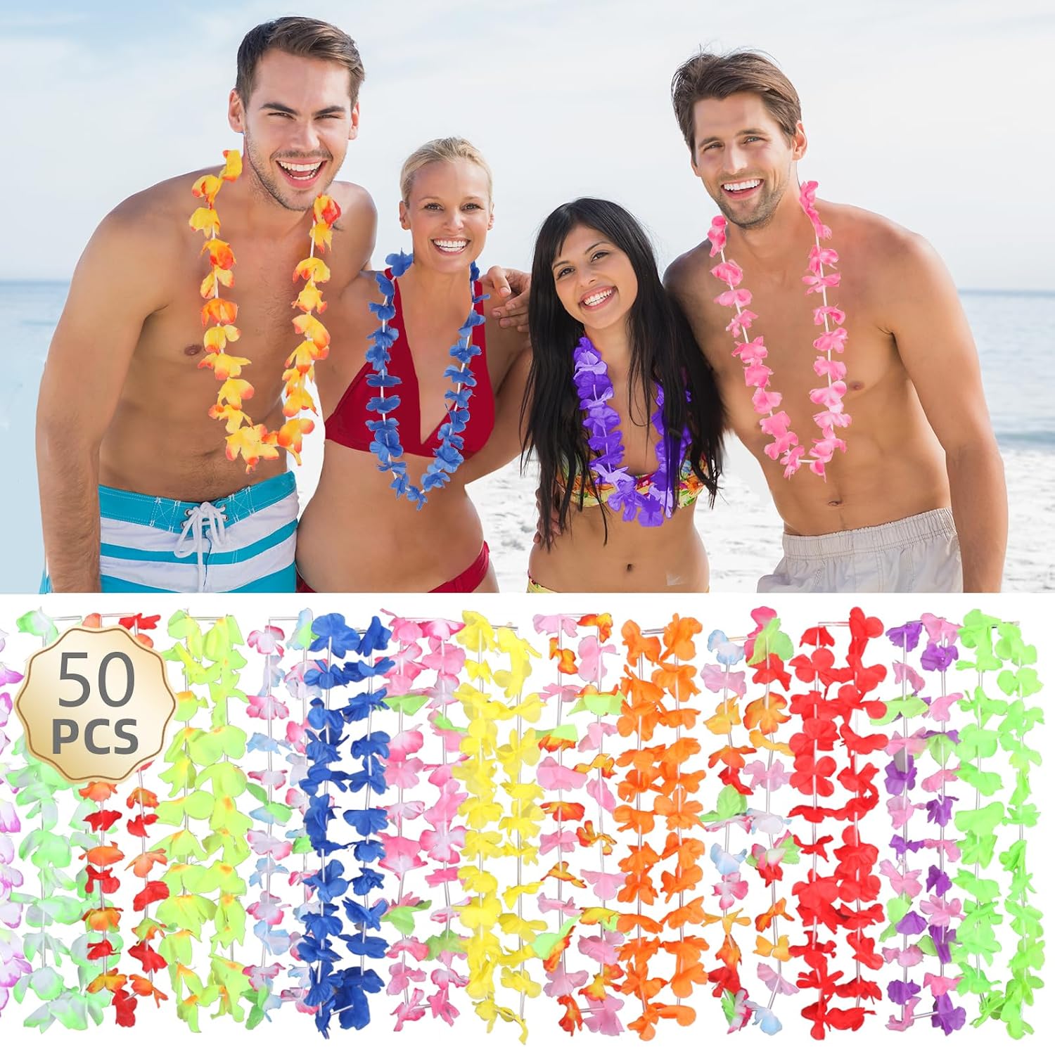 Detalle de Amicably 50 Pieces Hawaiian Leis Party Decorations – 50 Styles Flower Garlands Bulk