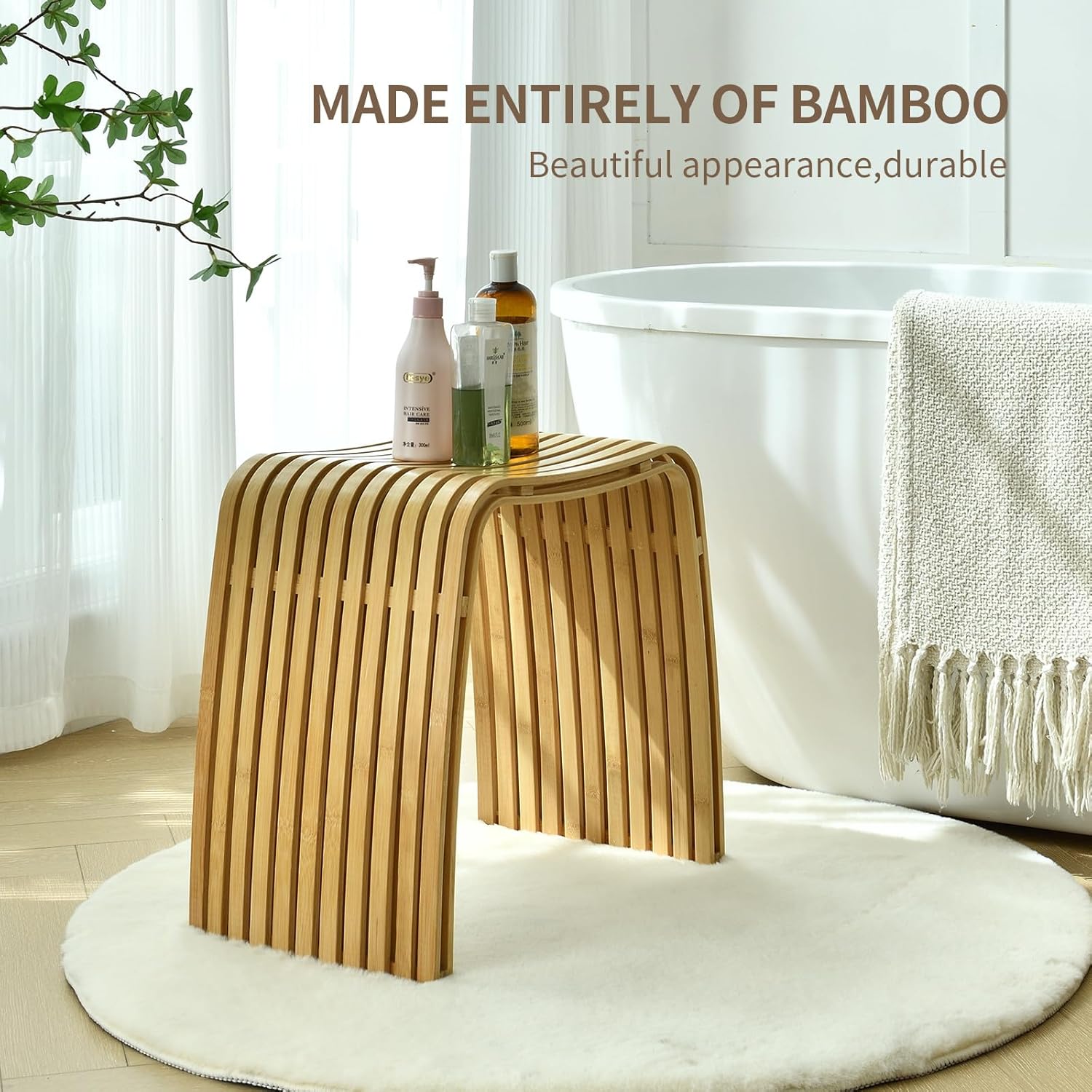 Thumbnail 2 de Bamboo Shower Bench: Non-Slip, Waterproof Bath Stool with 450 lb Capacity