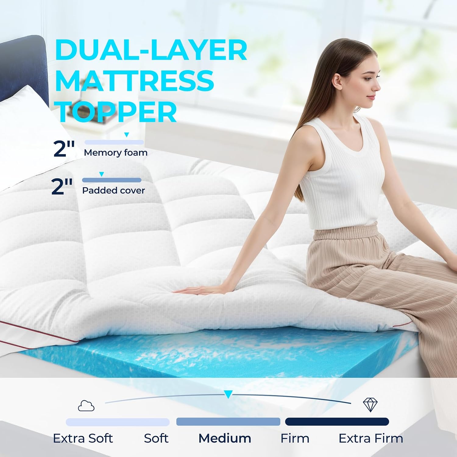 Detalle de KELTARO Queen Mattress Topper, 4-Inch Dual Layer with Gel Memory Foam