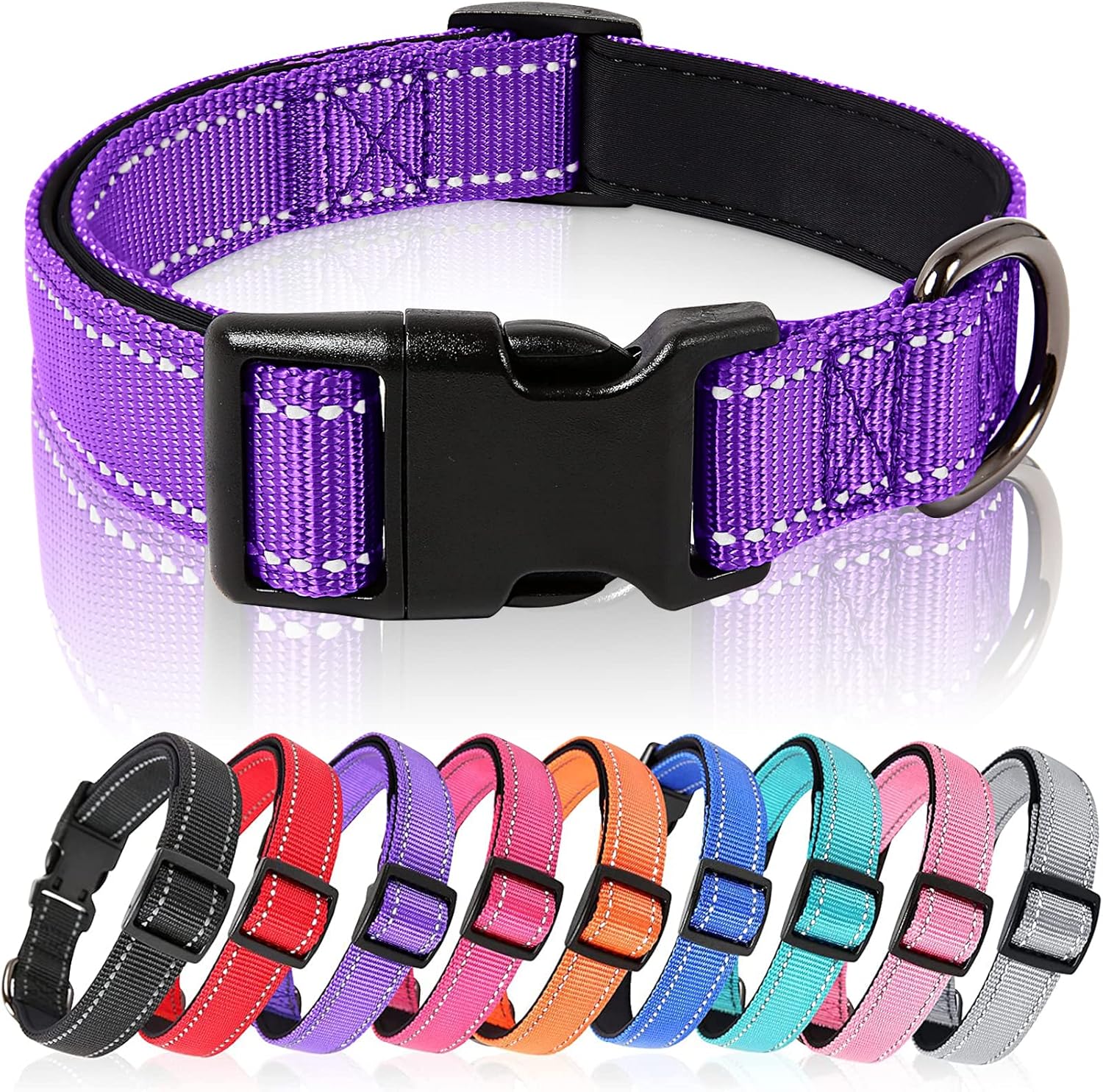 Detalle de HEELE Reflective Dog Collar with Soft Neoprene Padding (M, Purple)
