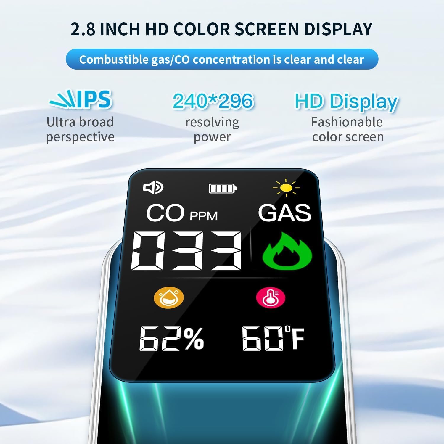 Detalle de Wolf Guard HD12 gas- en CO-melder met temperatuur- en vochtigheidsdisplay
