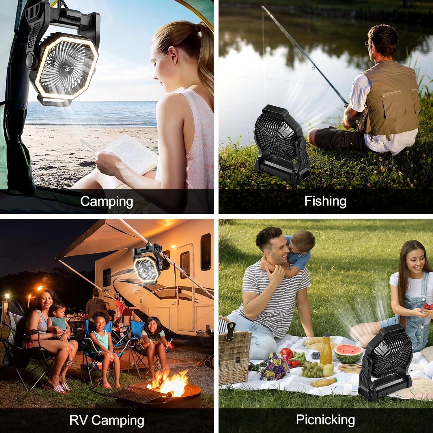 Detalle de Odoland Portable Rechargeable Fan with LED Lantern (20000mAh) – 4 Speeds, 270° Oscillation
