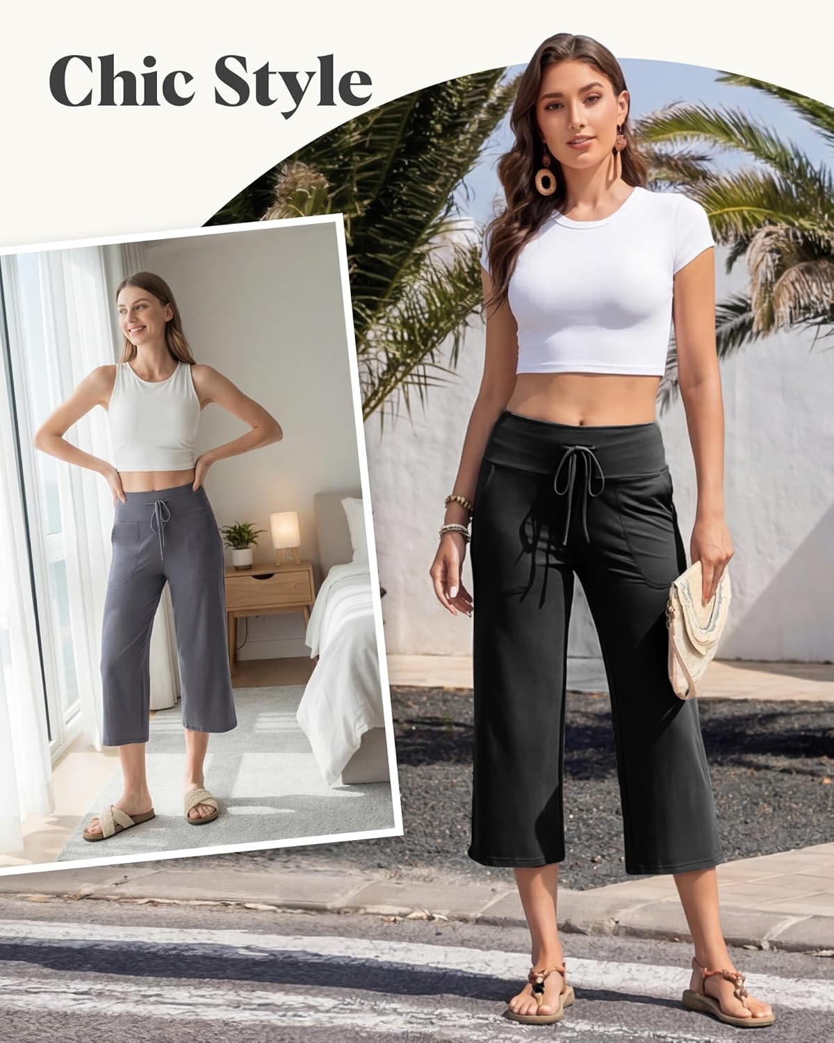 Thumbnail 4 de ZOOSIXX Capri Pants for Women - Wide Leg Drawstring High-Waisted Capris with Pockets