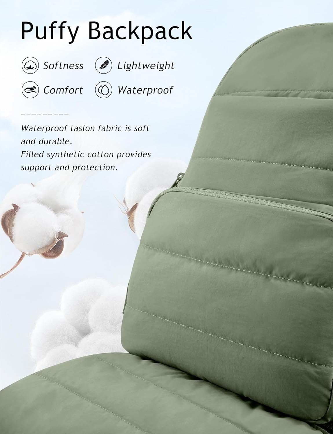 Detalle de Uselike Travel Backpack for Women: 15.6" Laptop, Quilted, Sage Green