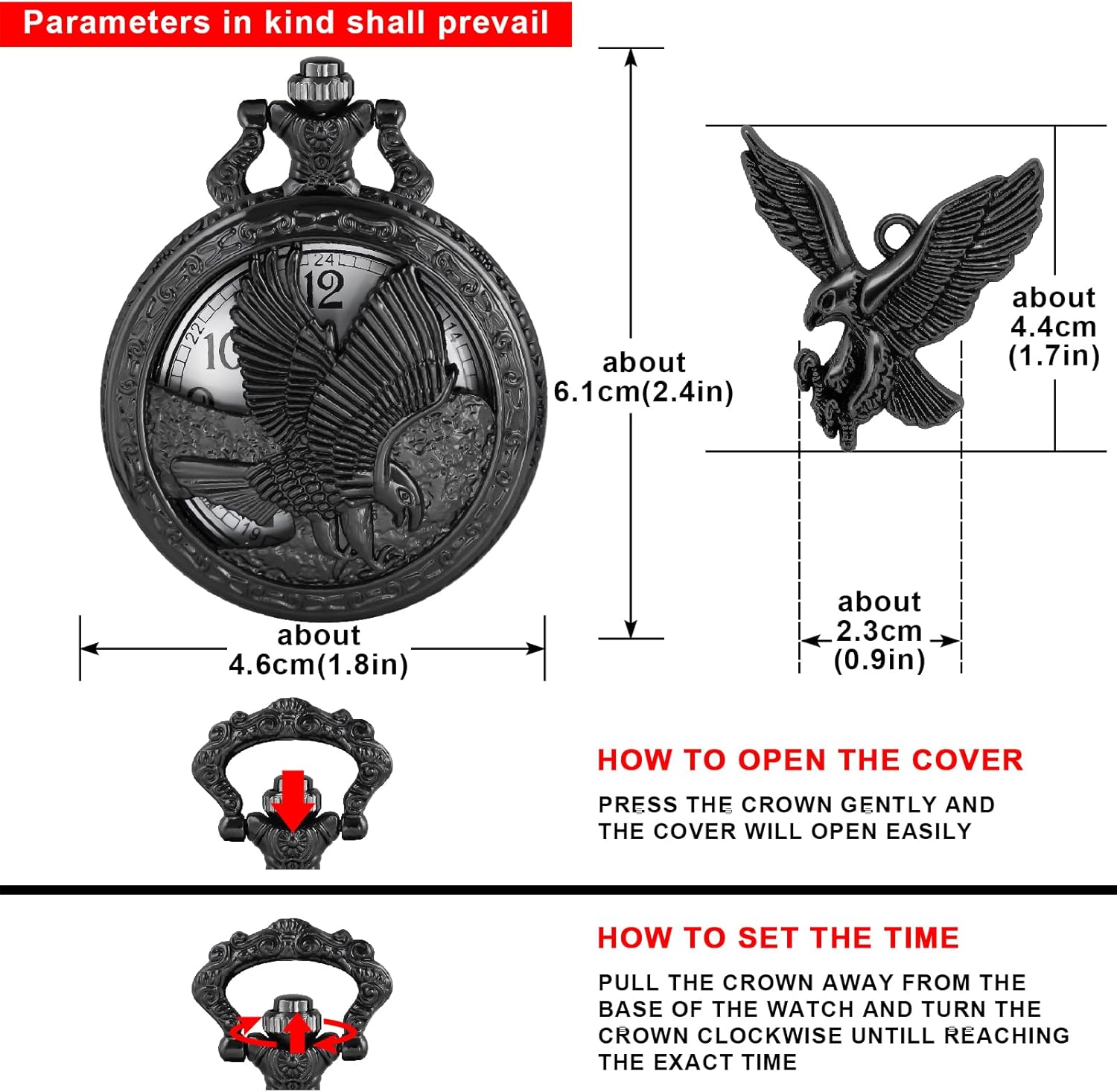 Thumbnail 6 de Tiong Vintage Eagle Pattern Design Pocket Watch and Pendant – Classic Quartz with Chain (4.5 cm) For Men