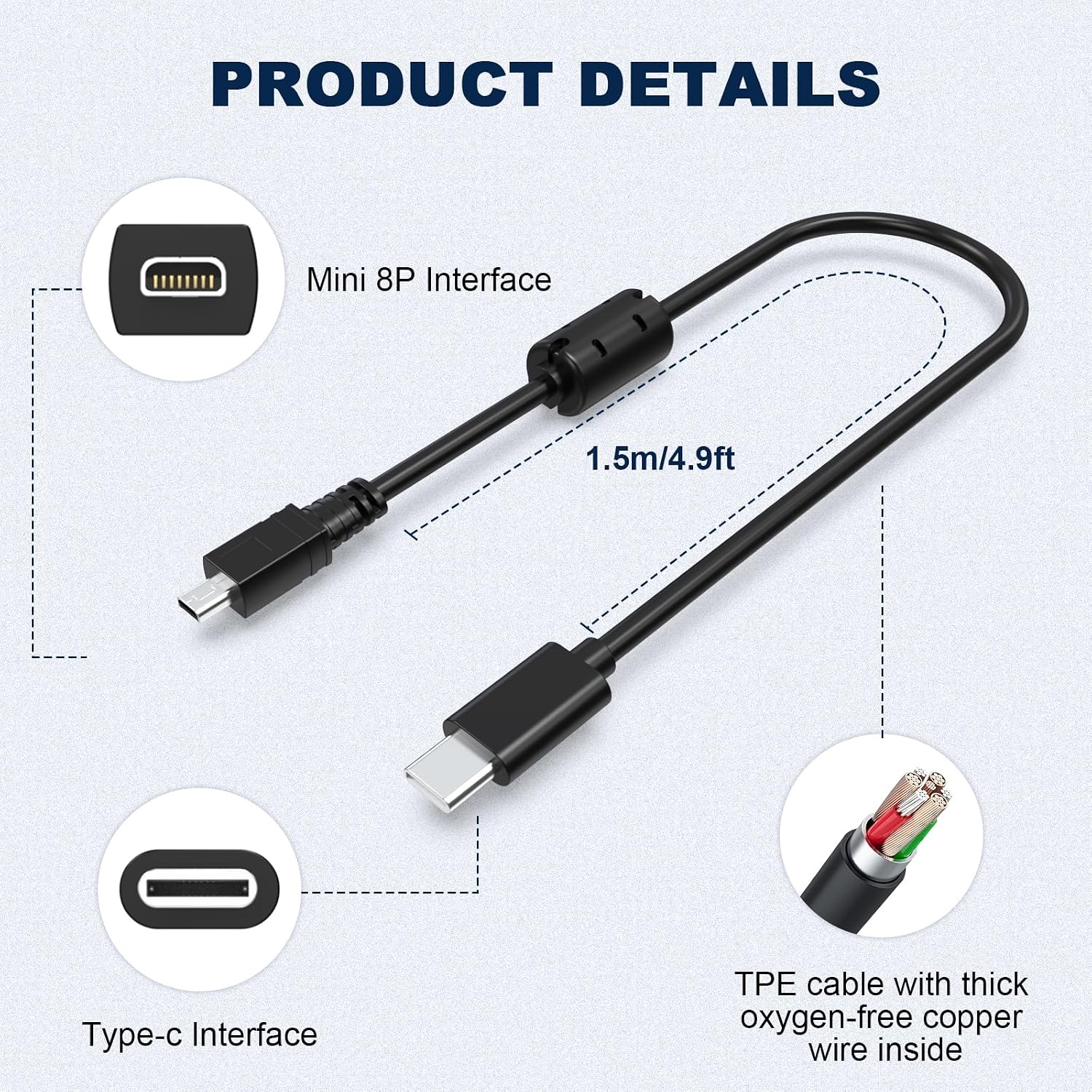 Detalle de USB C Port Camera Transfer Cable Charger Cord for Panasonic Lumix (1.5 m) — Practical Data and Charging Dual-Function Lead