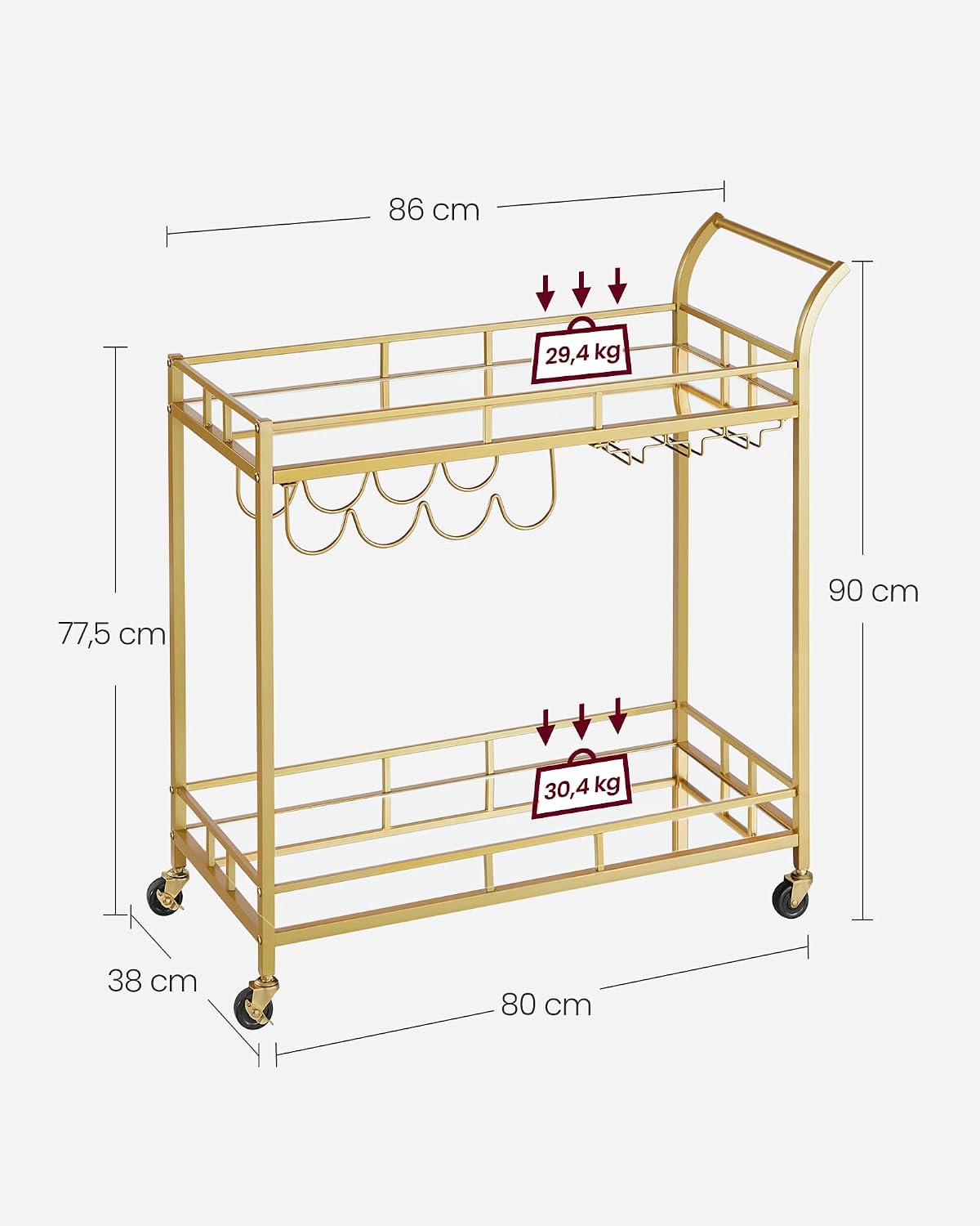 Thumbnail 4 de VASAGLE Baris LRC090A03 Drinks Trolley, 2-Tier Mirrored Glass, Antique Gold