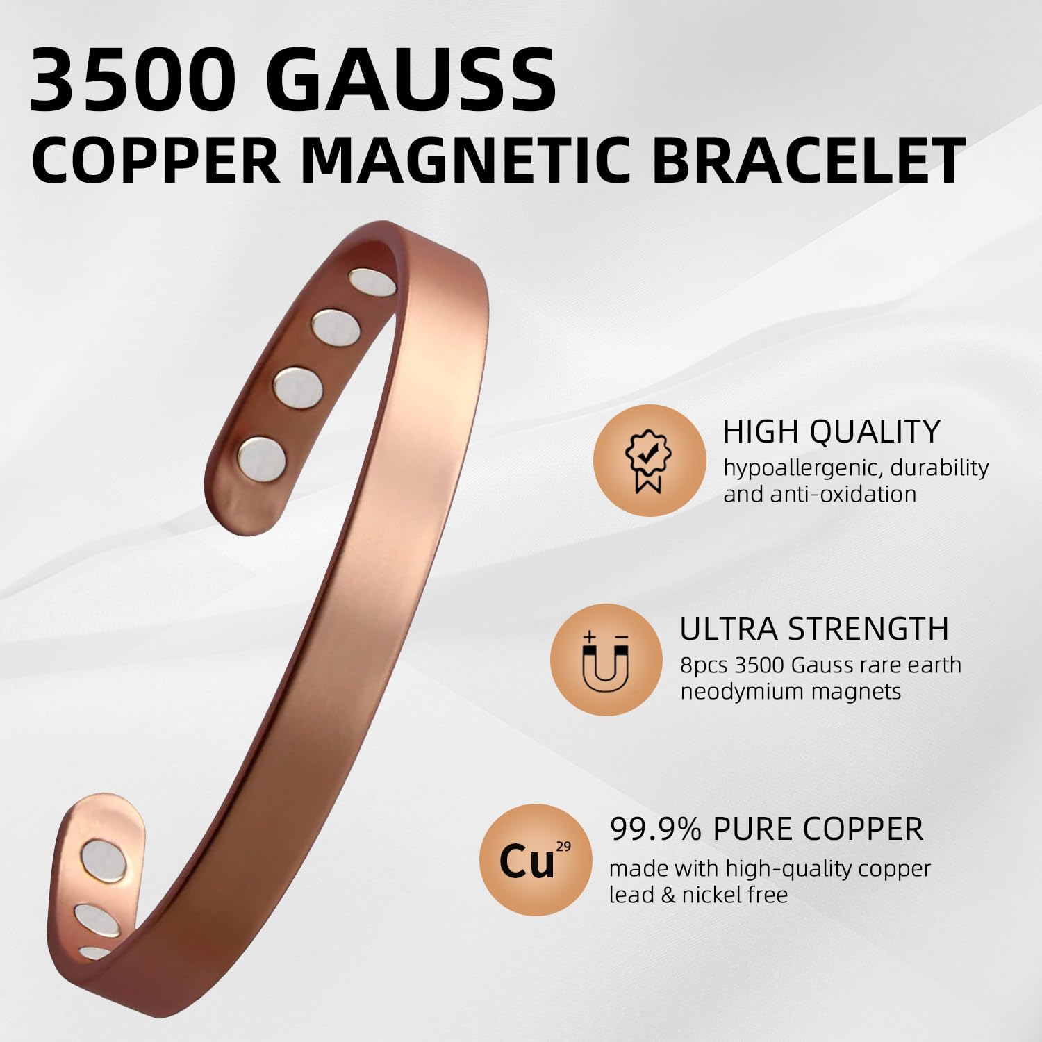Thumbnail 1 de MagEnergy Copper Magnetic Bracelet (99.9% pure copper) with 8 magnets, adjustable 6.8-inch bangle