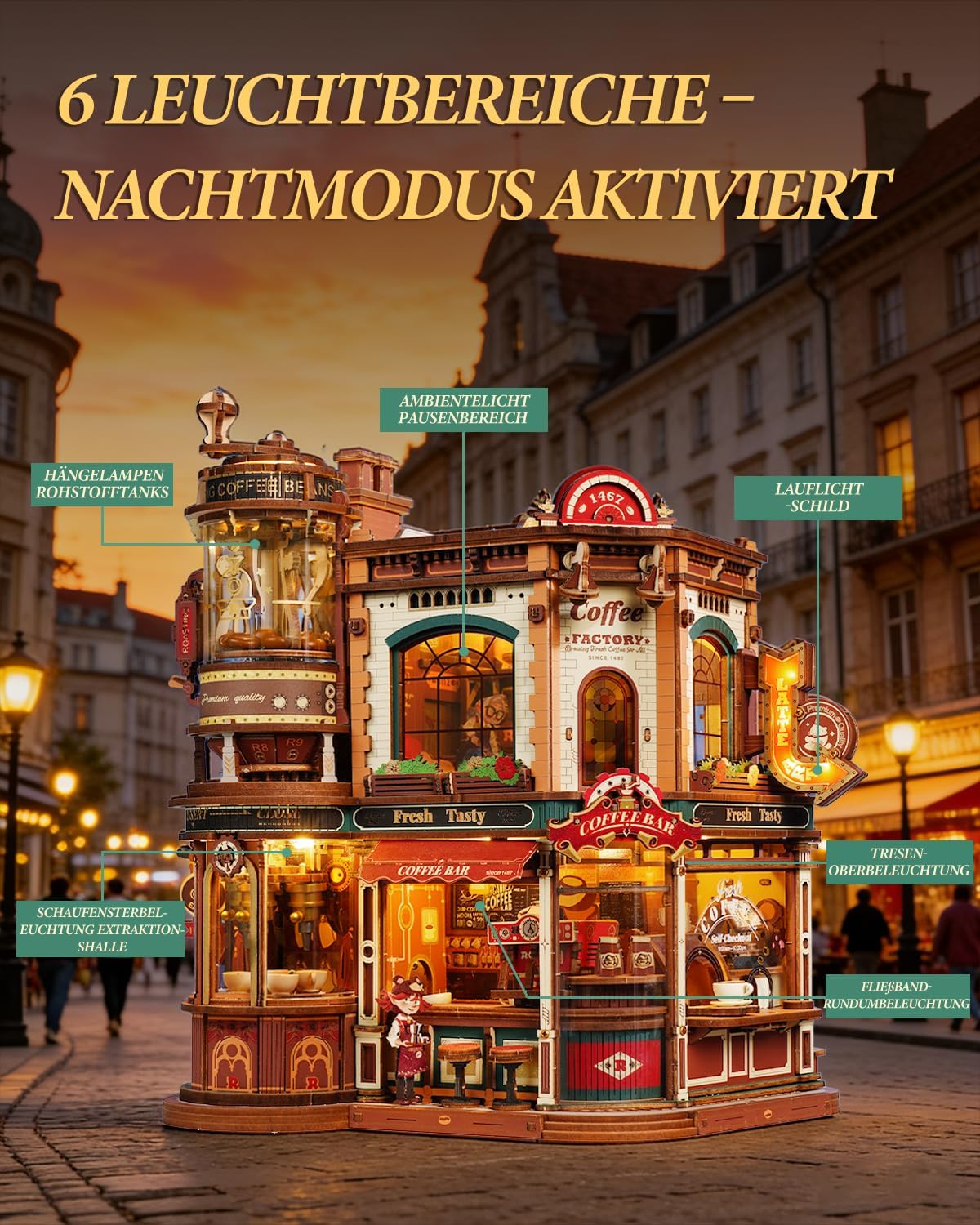 Detalle 2 de ROKR 3D Holzpuzzle Erwachsene Dream Coffee Factory – Handwerkliches Diorama zum Selberbauen