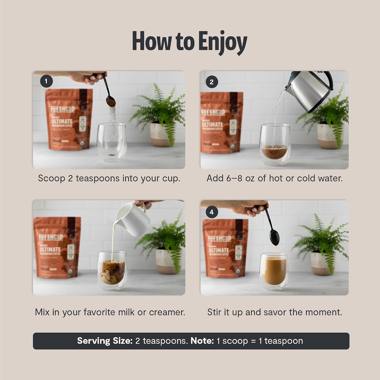 Detalle de FreshCap Mushroom Powders Organic Instant Mushroom Coffee, 45 Servings