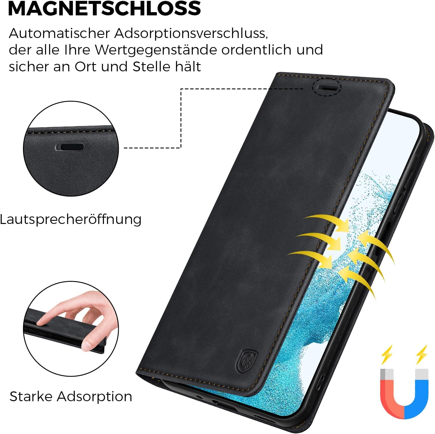 Detalle de AIMOYU Premium Leder Flip Case mit Kartenfach für Samsung Galaxy S22 – Schwarz