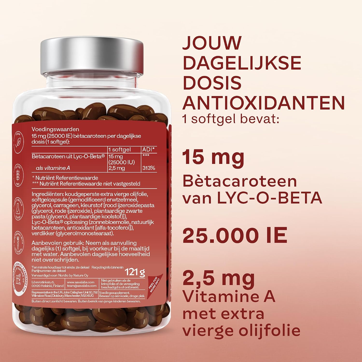 Detalle de AAVALABS Bèta-caroteen 25.000 IE, 180 vegan softgels met Lyc-O-Bèta