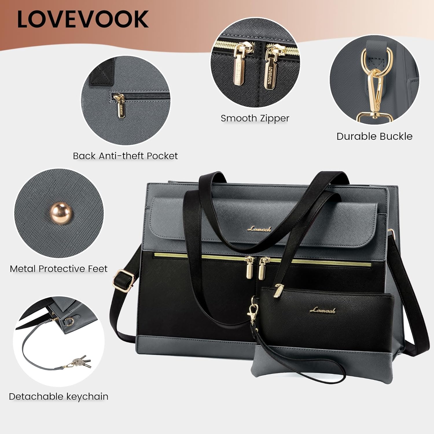 Thumbnail 3 de LOVEVOOK Sac Cabas Femme: Grand Sac à Main PU Imperméable pour Laptop 15,6" (Gris)