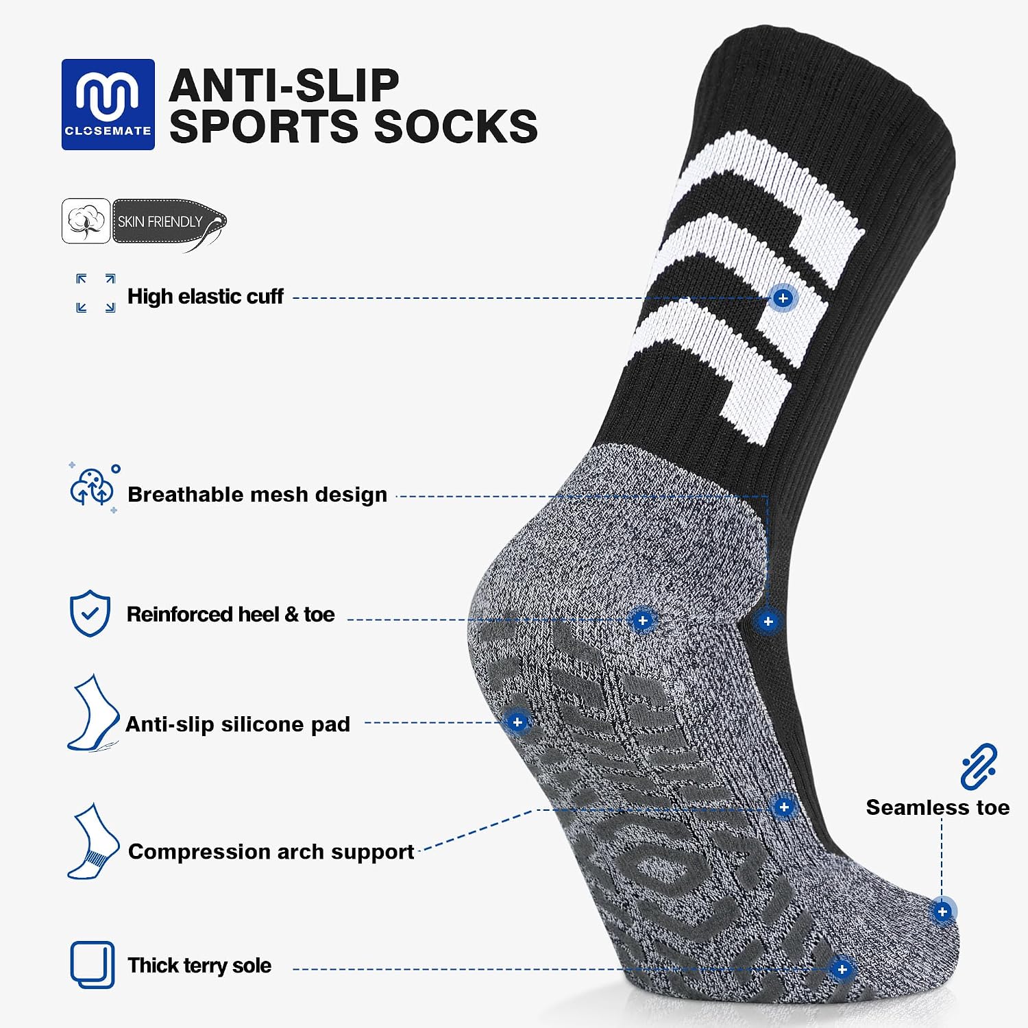 Detalle de CLOSEMATE 1/3 Paar Anti-Rutsch Fußballsocken für Herren – Grip-Sportsocken für Fußball, Basketball & mehr