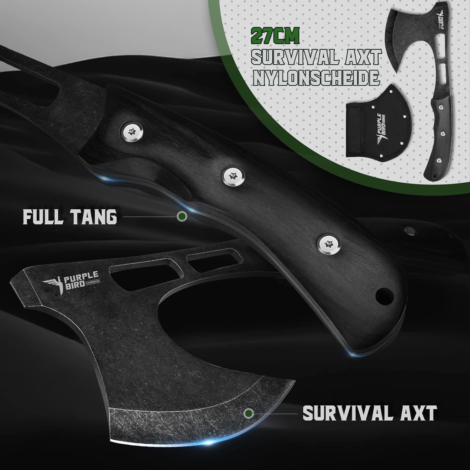 Thumbnail 1 de PURPLEBIRD Camping Axt Outdoor Messer Set – 2-teiliges Feststehendes Messer- und Axt-Set mit Nylonscheide und Geschenkbox