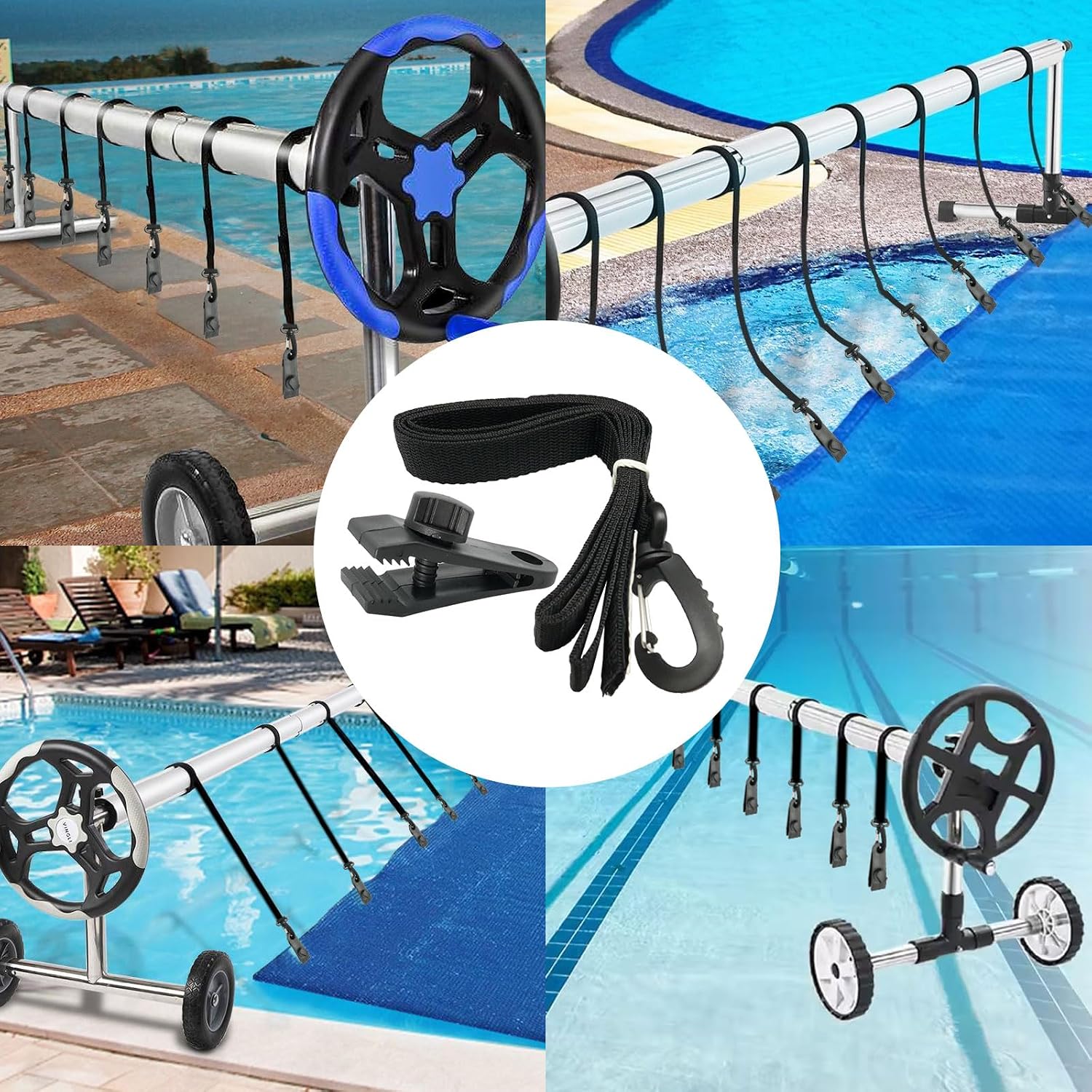Detalle de Gbformat Lot de 8 sangles de maintien et pinces pour Enrouleur – Ensemble résistant pour couvertures et bâches de piscine
