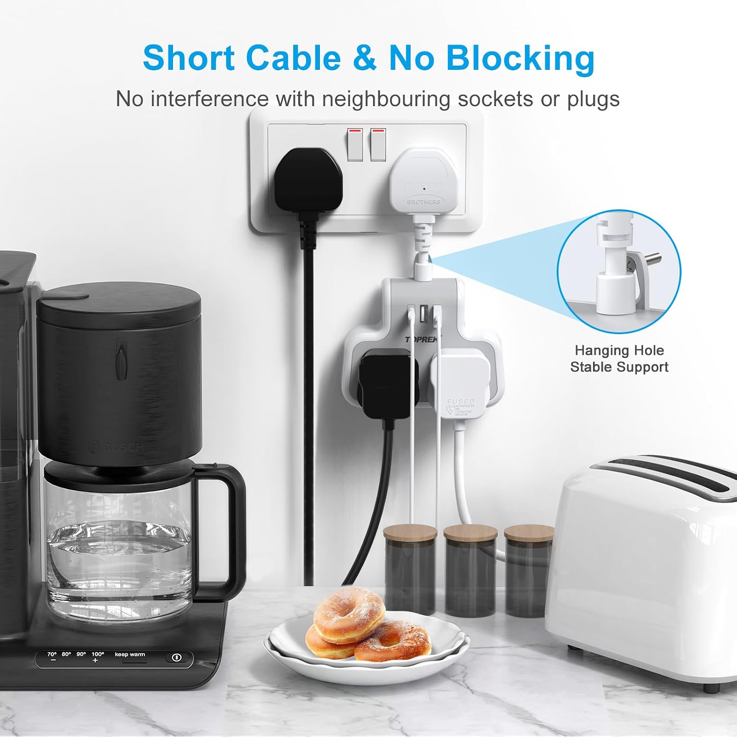 Thumbnail 4 de TOPREK 6.2cm Short Extension Lead with USB Ports: A Compact 5‑In‑1 Wall Socket for Home, Office and Travel