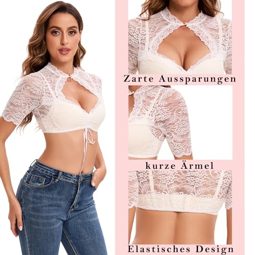 Detalle de Goxozzy Dirndl Bluse Damen – Spitzen-Dirndlbluse mit Perlenknöpfen, Weiß/Schwarz, Größe 34–44