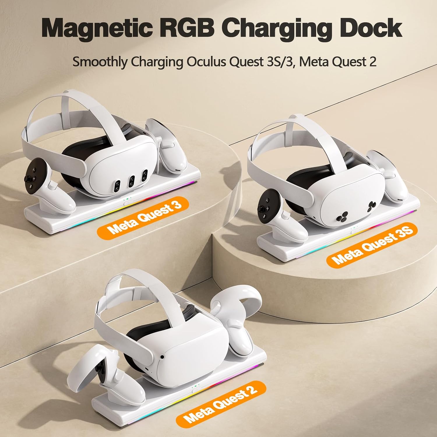 Detalle de Hagibis MQ10 Magnetic Charging Dock for Meta Quest 3S/3/2, 20W PD, RGB