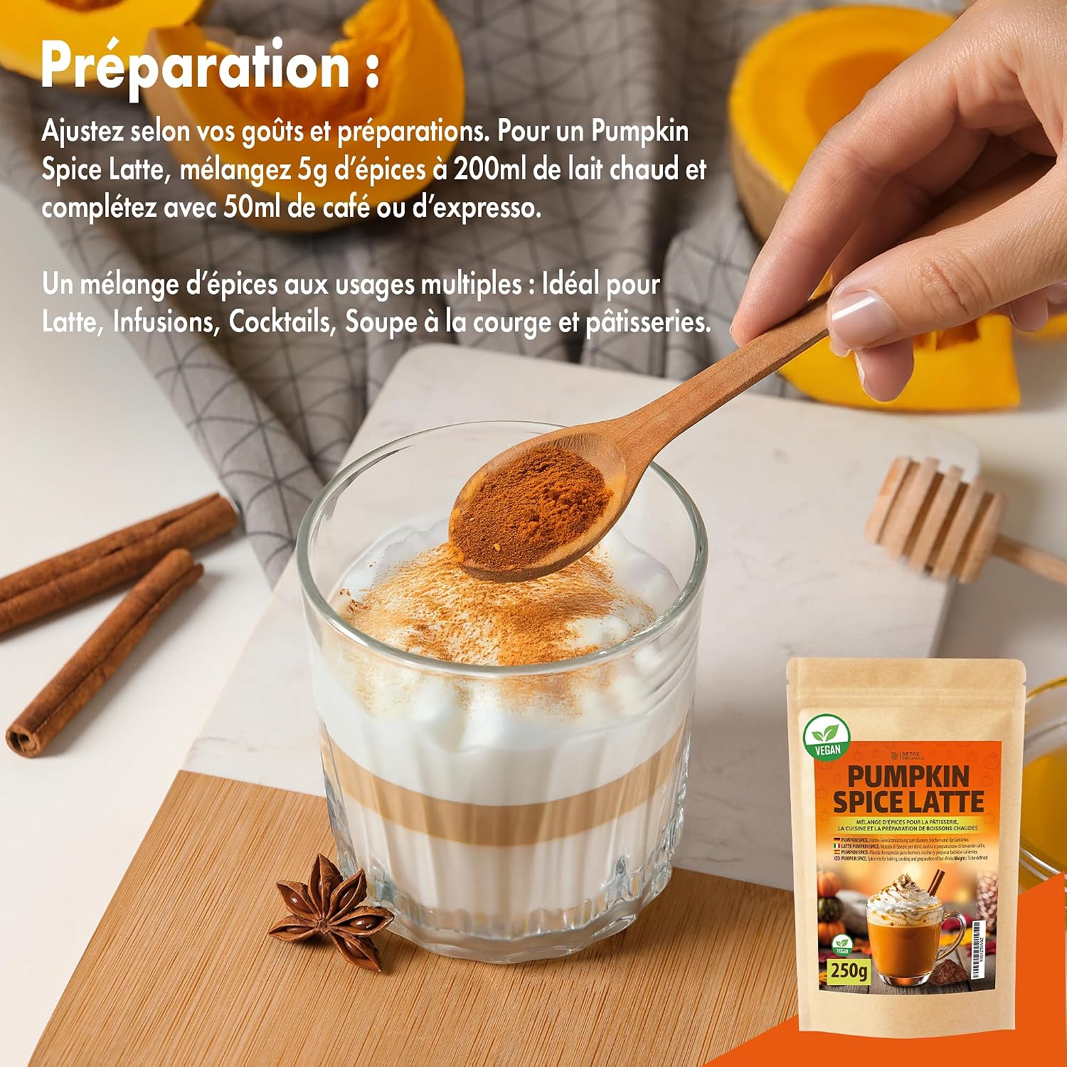 Detalle de DETOX ORGANICA Pumpkin Spice Latte – Épices en poudre 250 g, mélange authentique pour latte et desserts automne