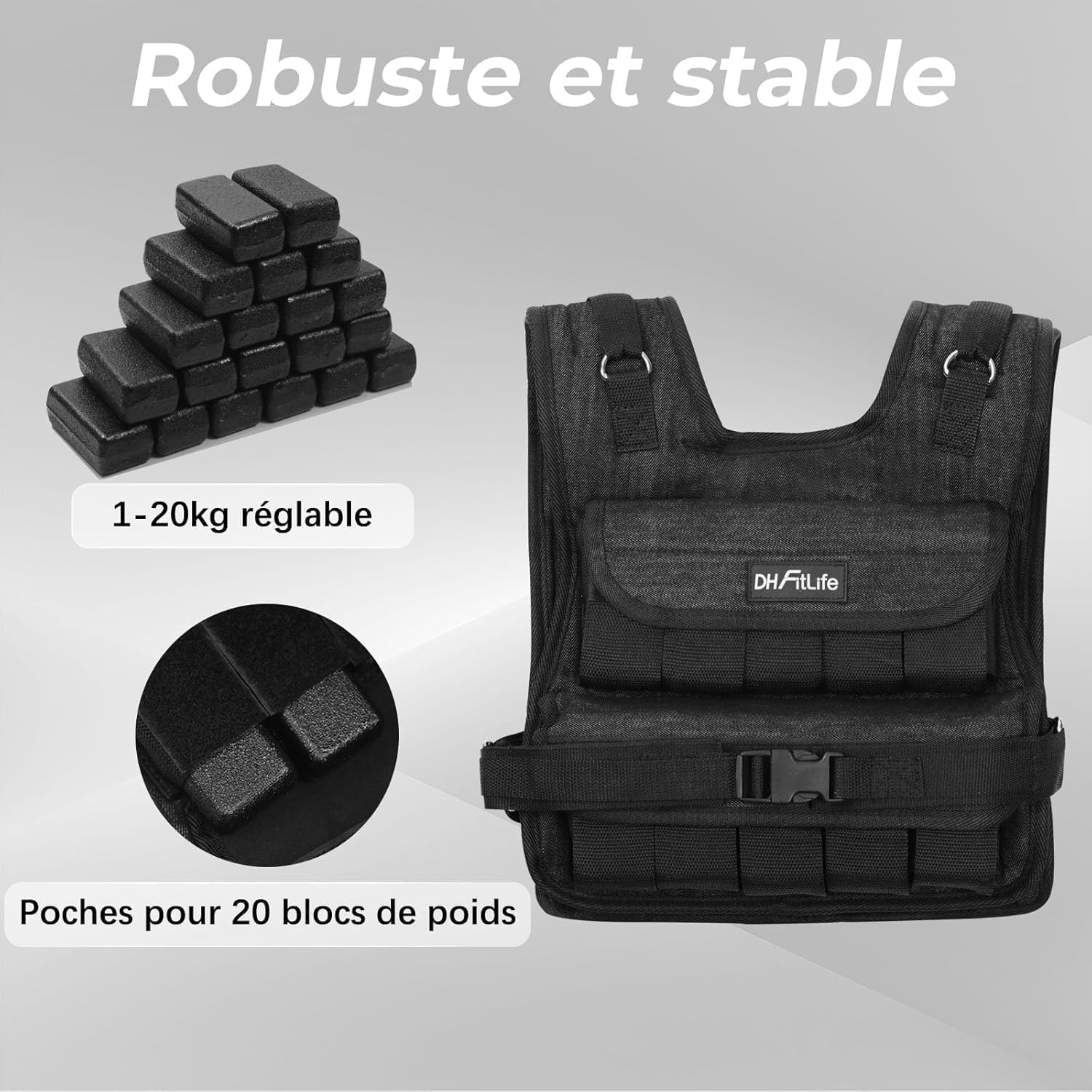 Detalle de DH FitLife Gilet lesté réglable 10/20 kg compact et stable (weighted vest) pour musculation