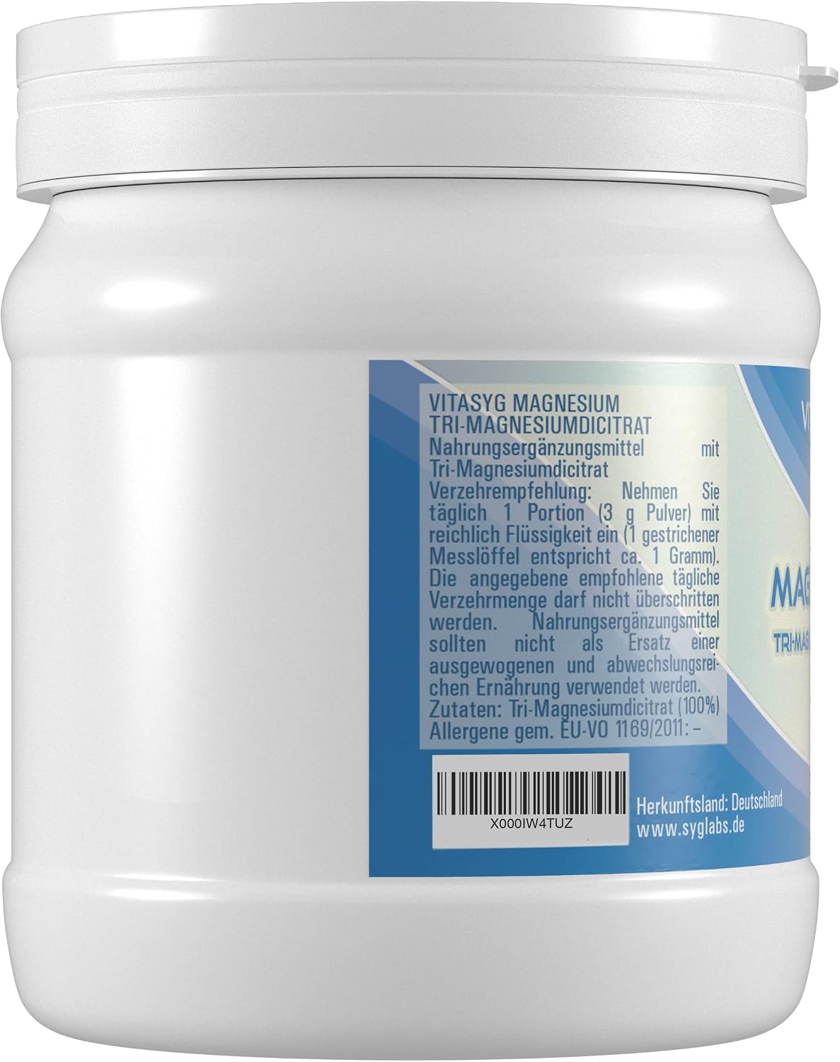Detalle de Vitasyg Tri-Magnesiumdicitrat Pulver (500 g) – Magnesiumcitrat vegan, ohne Zusätze inkl. Messlöffel