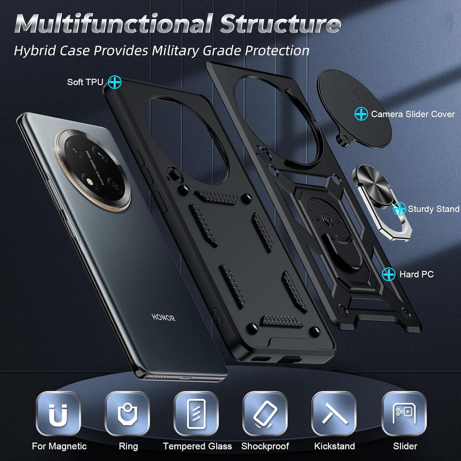 Thumbnail 2 de LeYi Military Shockproof Case for Honor Magic 7 Lite 5G with Slide Camera Cover and 360° Ring Stand (Black)