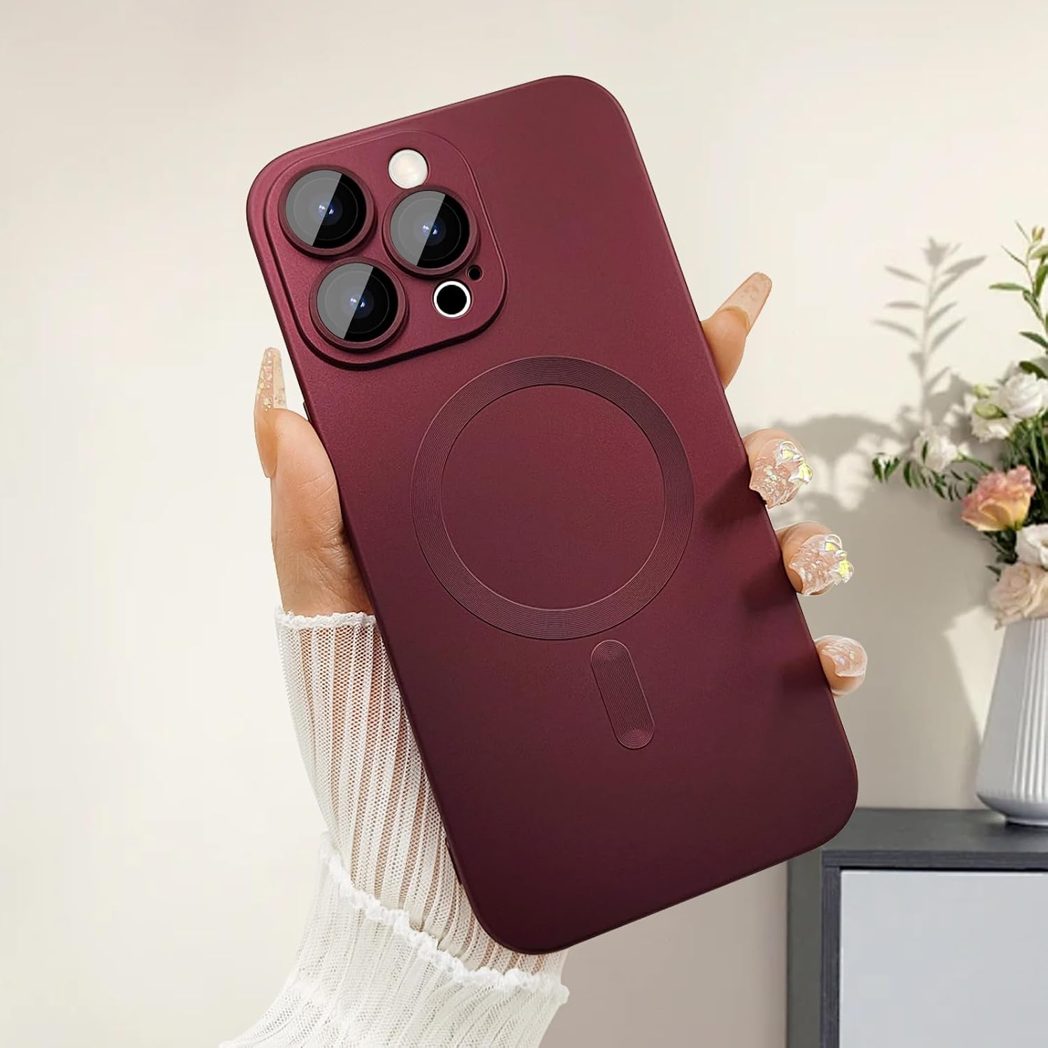 Detalle de ankofave Magnetic Case for iPhone 15 Pro (Red Wine) — Matte Luxury Shield with Camera Lens Protector